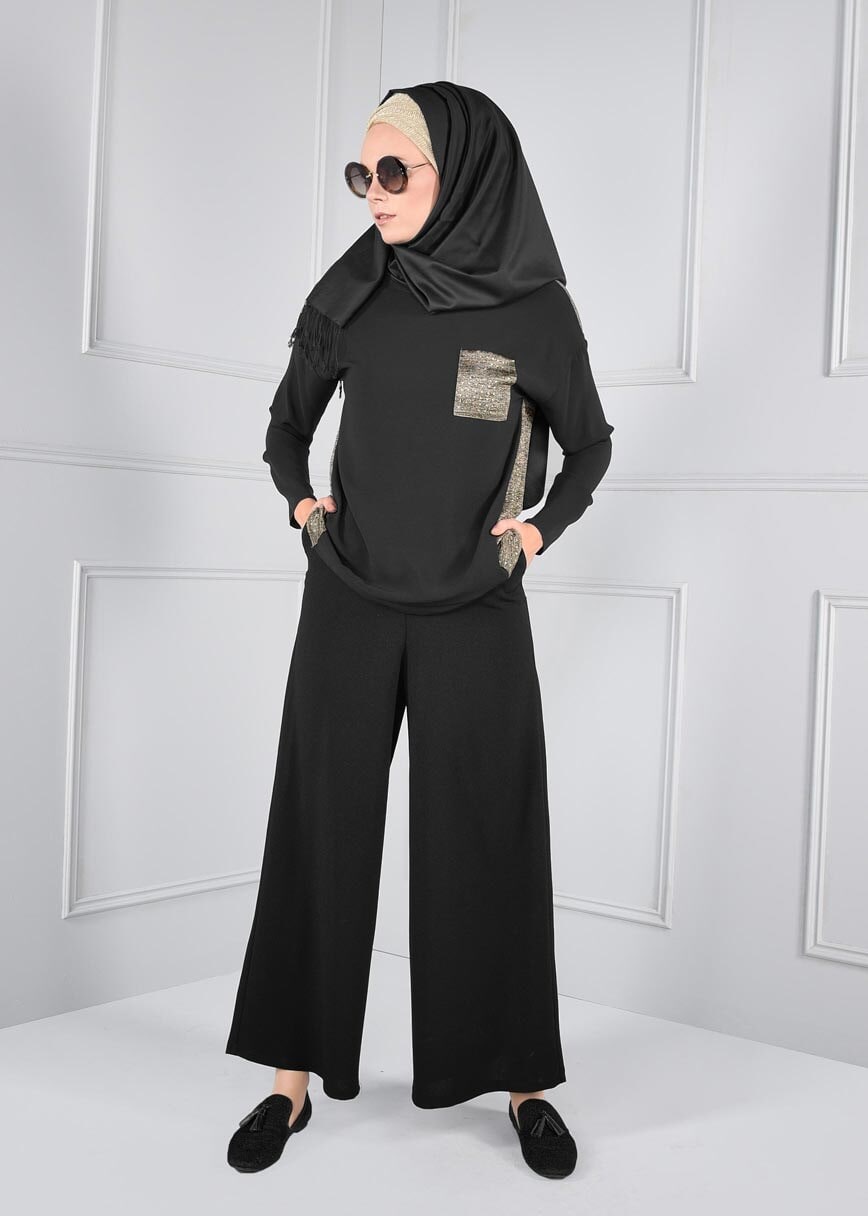 Tesettür giyim SİYAH GENİŞ KESİM SALAŞ PANTOLON 7234
