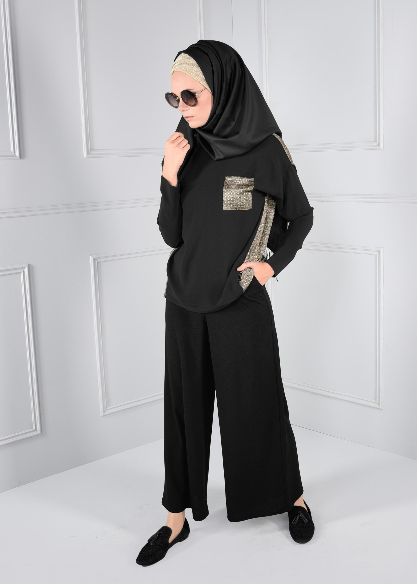 Tesettür giyim SİYAH GENİŞ KESİM SALAŞ PANTOLON 7234