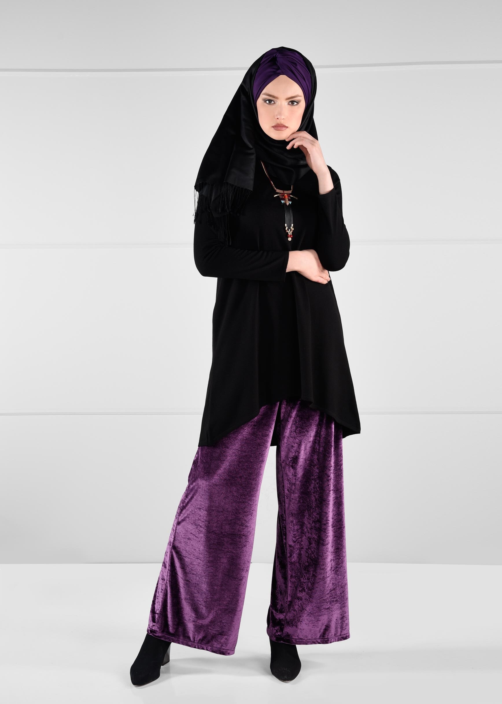 Tesettür giyim MÜRDÜM GENİŞ KESİM KADİFE PANTOLON 7235