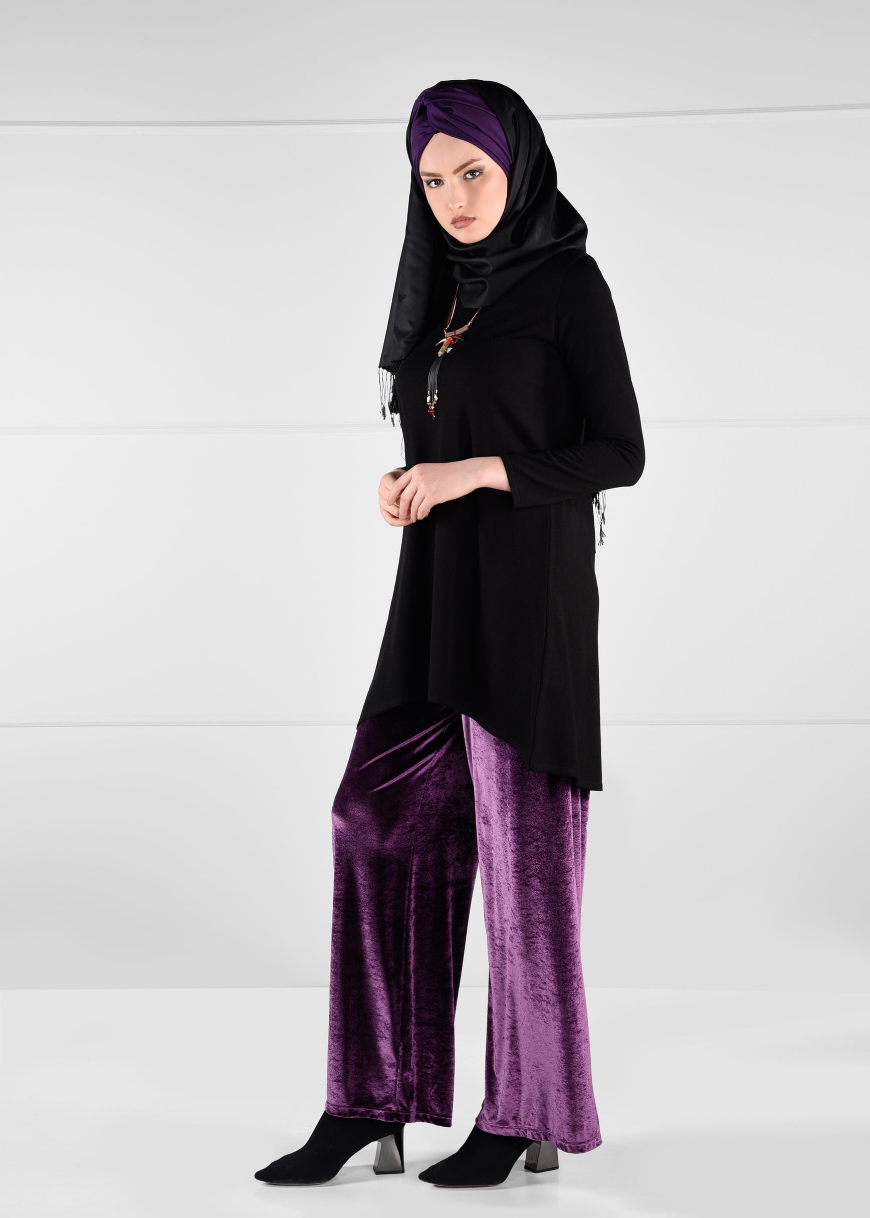 Tesettür giyim MÜRDÜM GENİŞ KESİM KADİFE PANTOLON 7235