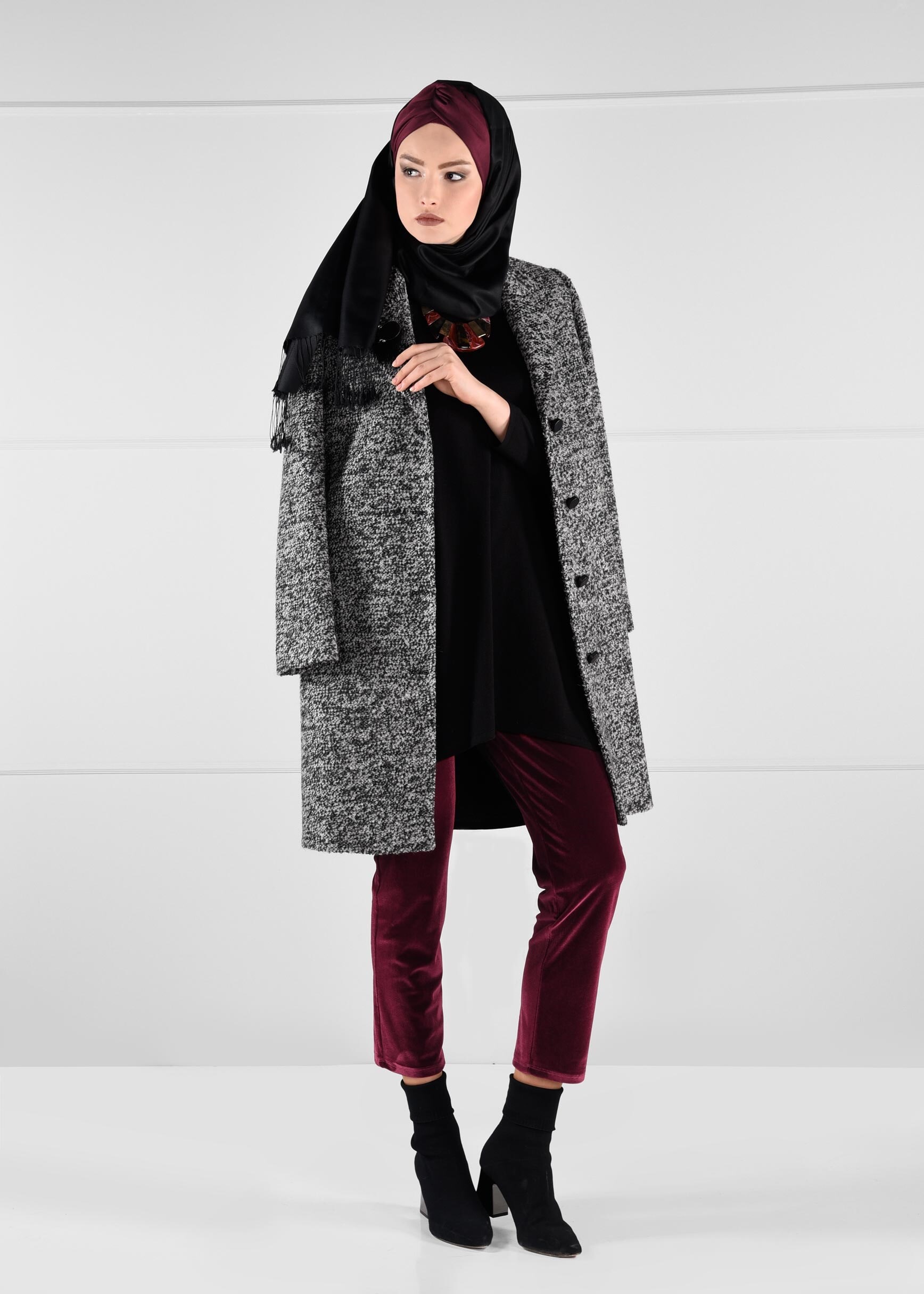 Tesettür giyim BORDO DÜZ KESİM CEPLİ KADİFE PANTOLON 7236