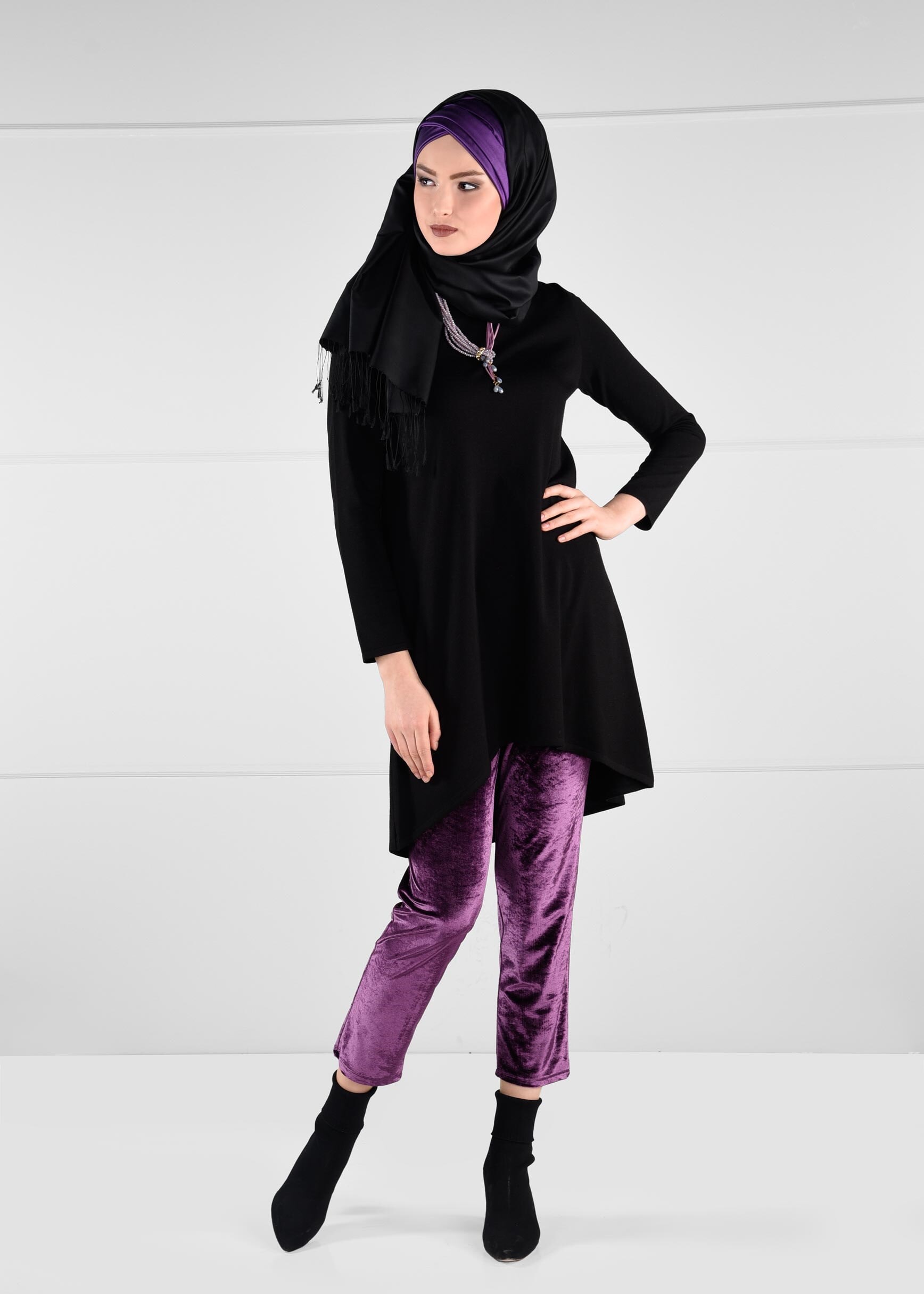 Tesettür giyim MÜRDÜM DÜZ KESİM CEPLİ KADİFE PANTOLON 7236