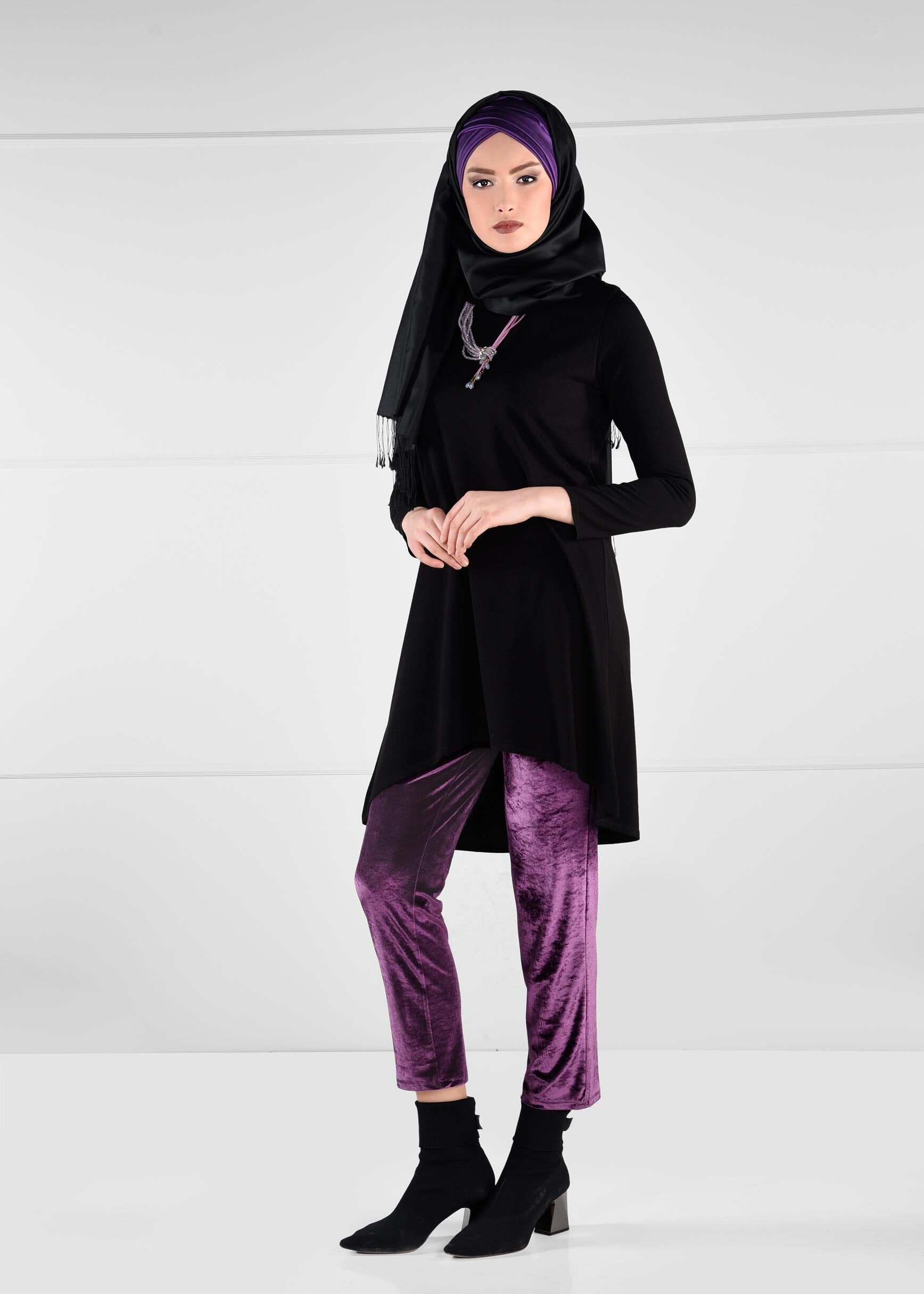 Tesettür giyim MÜRDÜM DÜZ KESİM CEPLİ KADİFE PANTOLON 7236