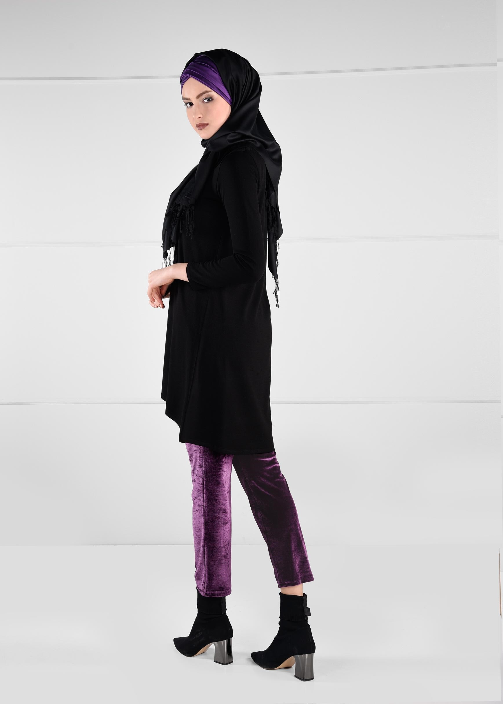 Tesettür giyim MÜRDÜM DÜZ KESİM CEPLİ KADİFE PANTOLON 7236
