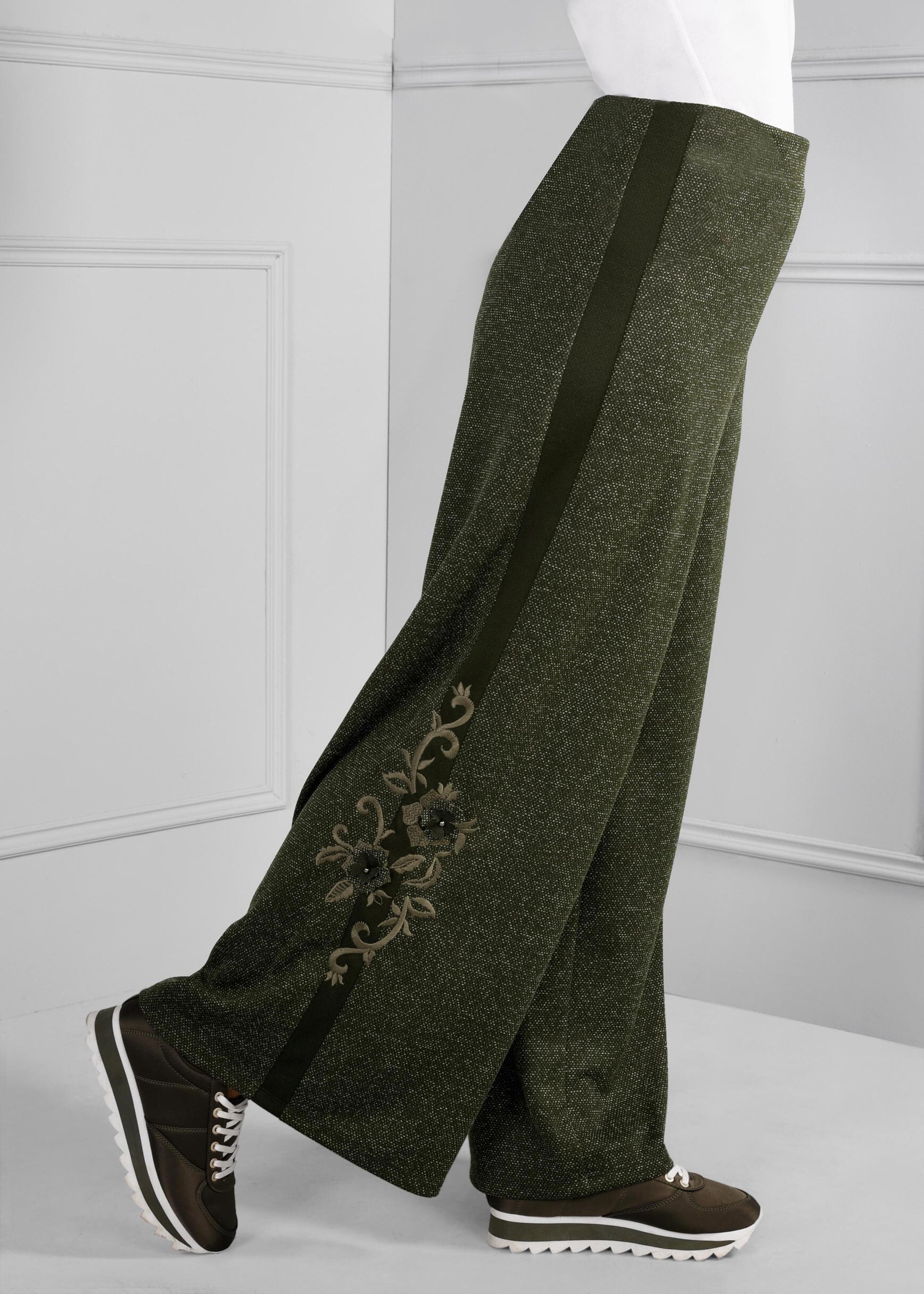 Tesettür giyim HAKİ BELİ LASTİKLİ YANLARI ŞERİTLİ NAKIŞ İŞLEMELİ GENİŞ KESİM PANTOLON 7239