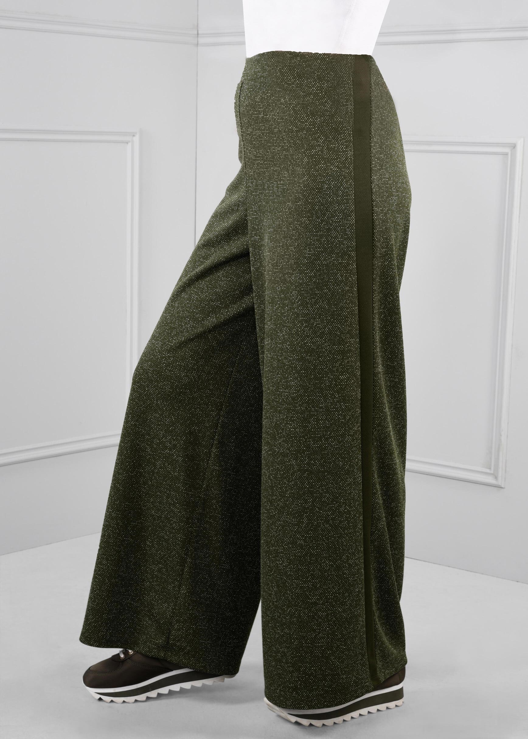 Tesettür giyim HAKİ BELİ LASTİKLİ YANLARI ŞERİTLİ NAKIŞ İŞLEMELİ GENİŞ KESİM PANTOLON 7239