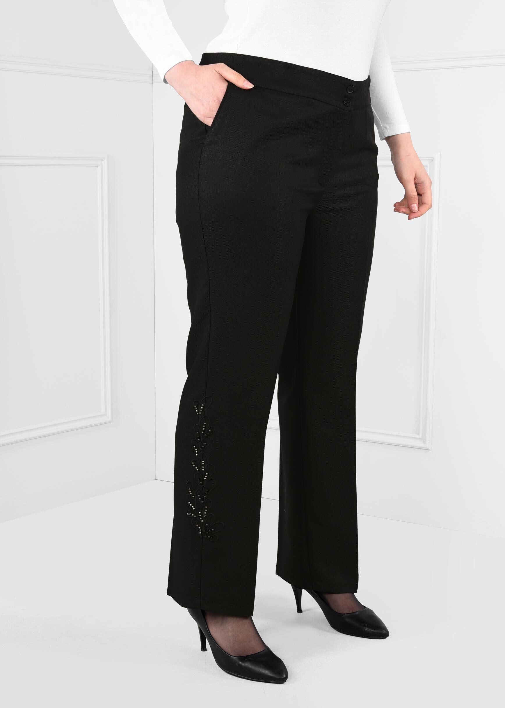 Tesettür giyim SİYAH YANLARI BONCUK İŞLEMELİ GENİŞ PAÇA KLASİK KESİM PANTOLON 7240