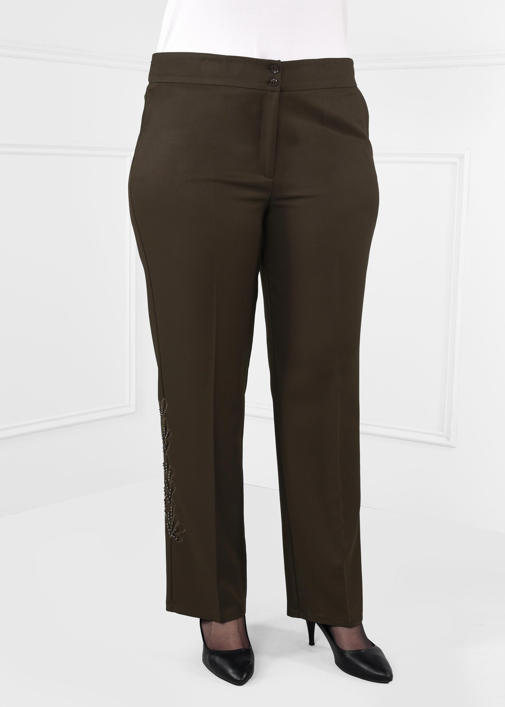 Tesettür giyim HAKİ YANLARI BONCUK İŞLEMELİ GENİŞ PAÇA KLASİK KESİM PANTOLON 7240