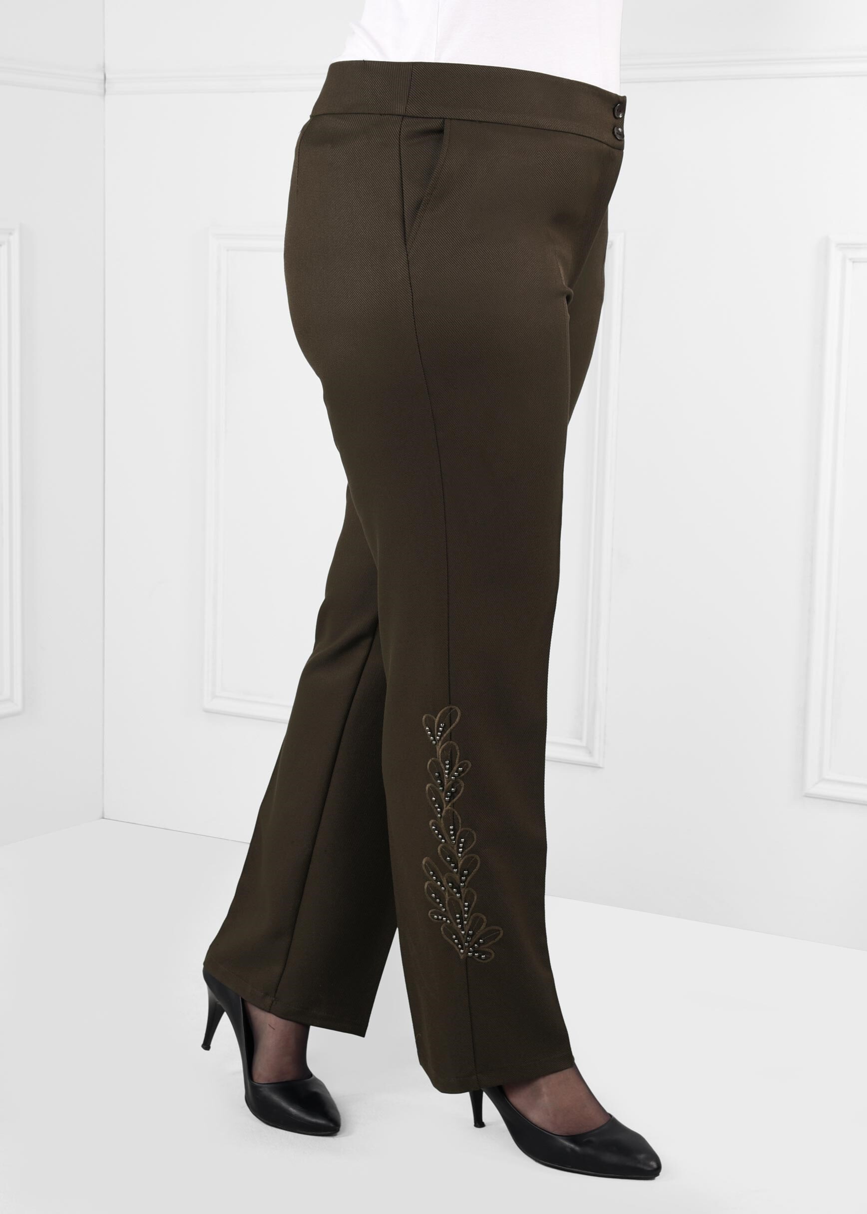 Tesettür giyim HAKİ YANLARI BONCUK İŞLEMELİ GENİŞ PAÇA KLASİK KESİM PANTOLON 7240