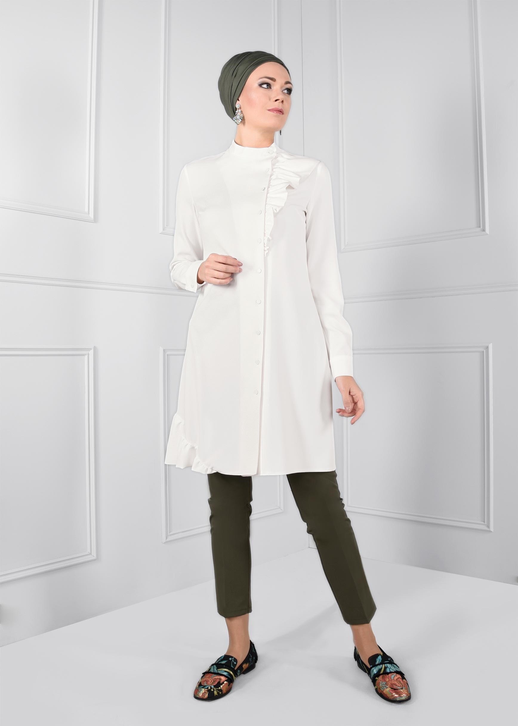 Tesettür giyim HAKİ BORU PAÇA CEPLİ PANTOLON 7242