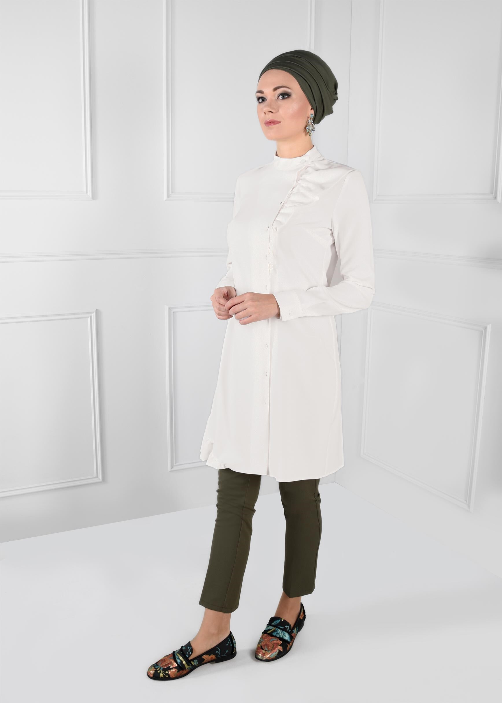 Tesettür giyim HAKİ BORU PAÇA CEPLİ PANTOLON 7242