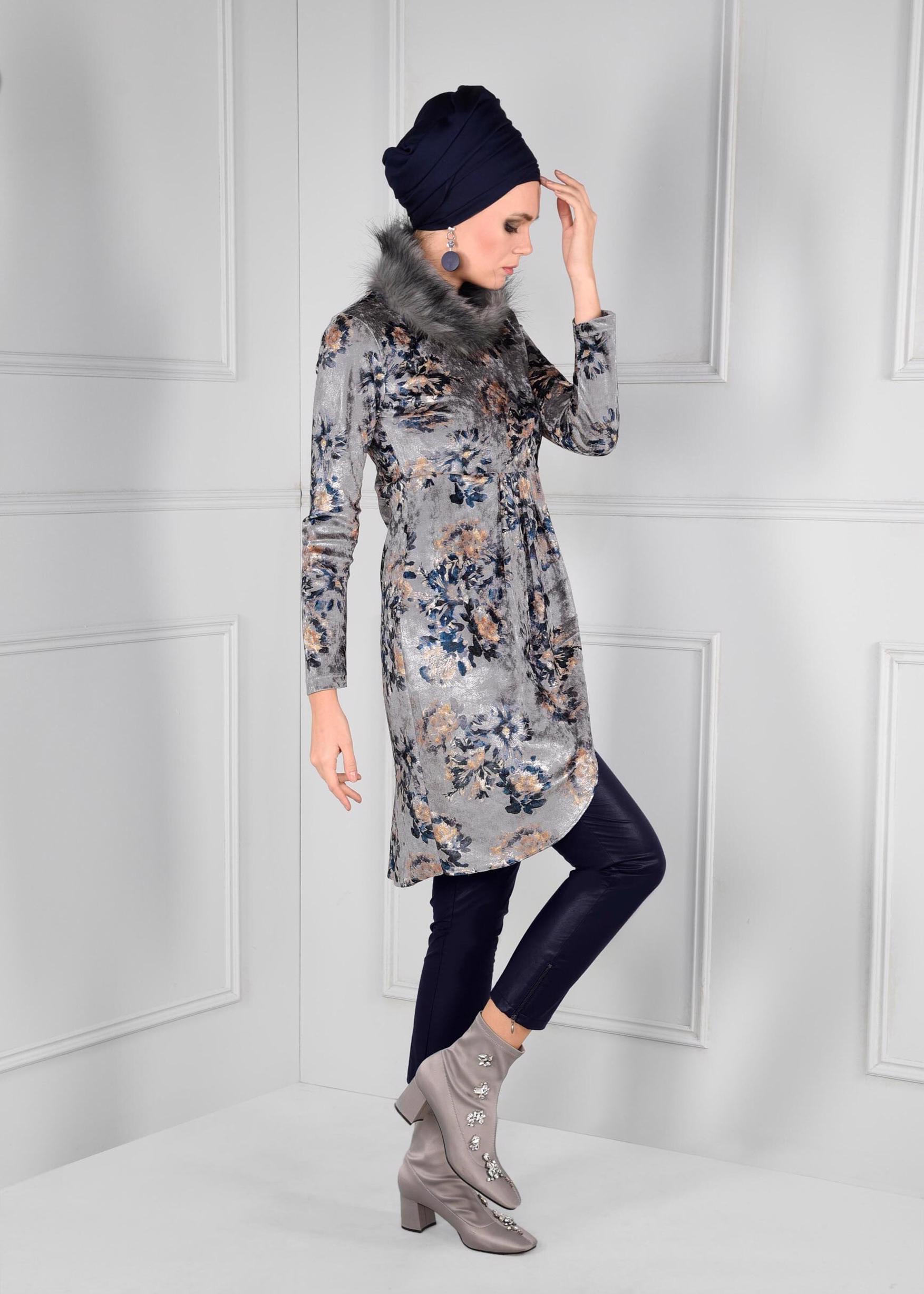 Tesettür giyim LACİVERT PAÇALARI FERMUAR DETAYLI DERİ PANTOLON 7243