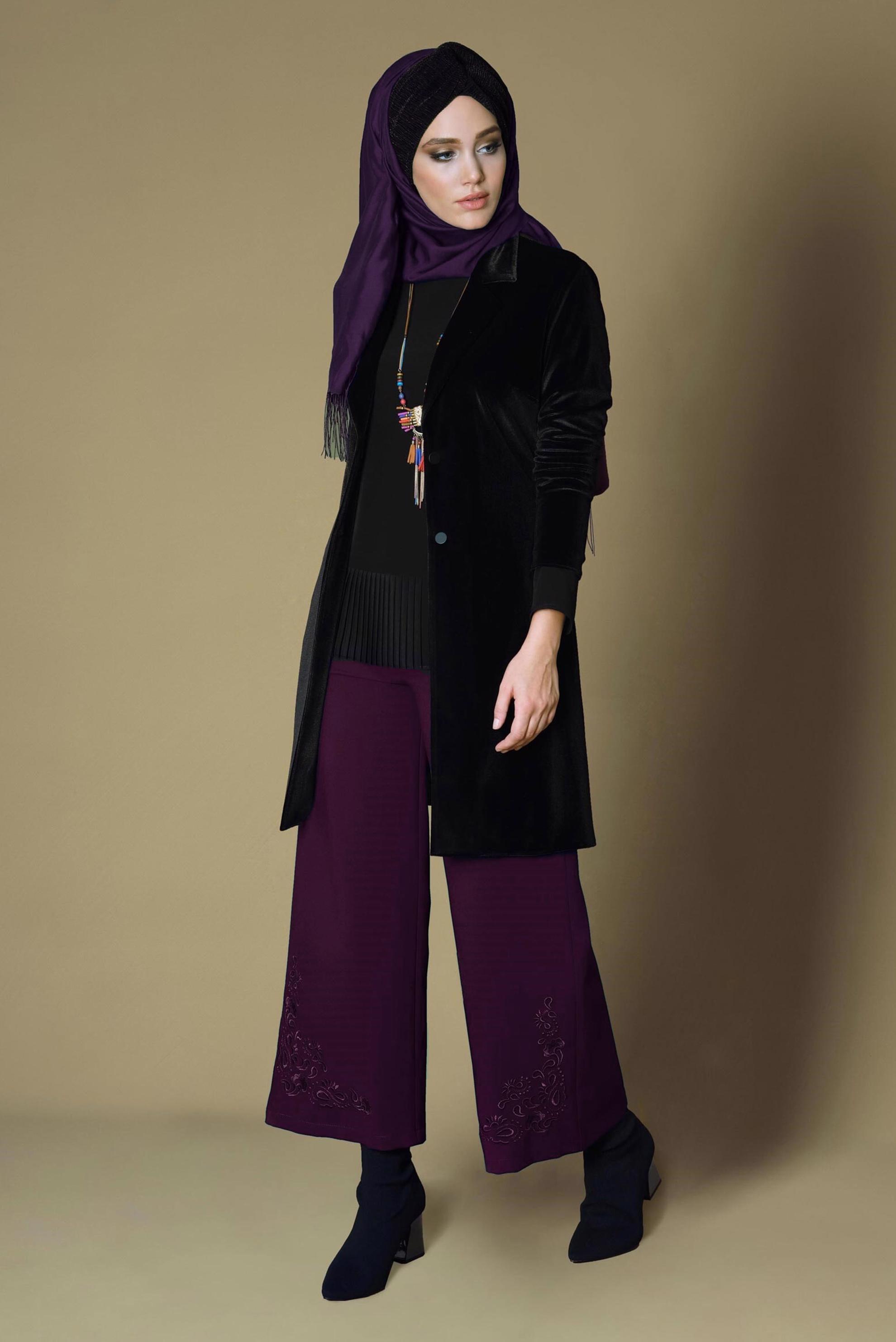 Tesettür giyim MOR GENİŞ PAÇA NAKIŞ İŞLEMELİ PANTOLON 7244 