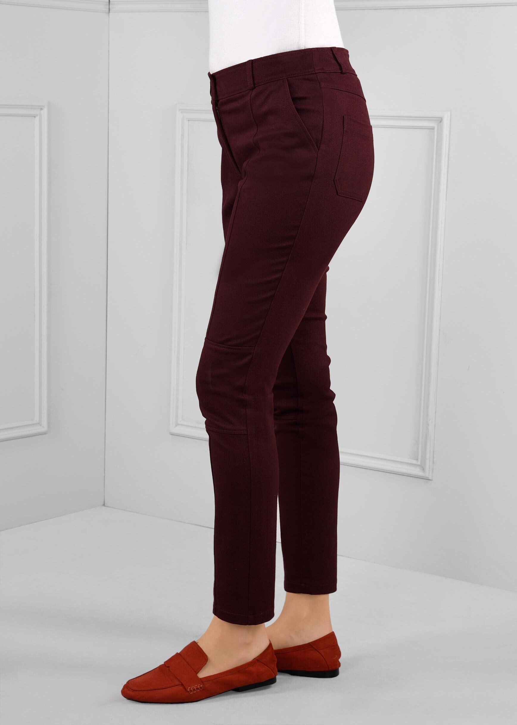 Tesettür giyim BORDO ARA BEL DAR PAÇA KUMAŞ PANTOLON 7246