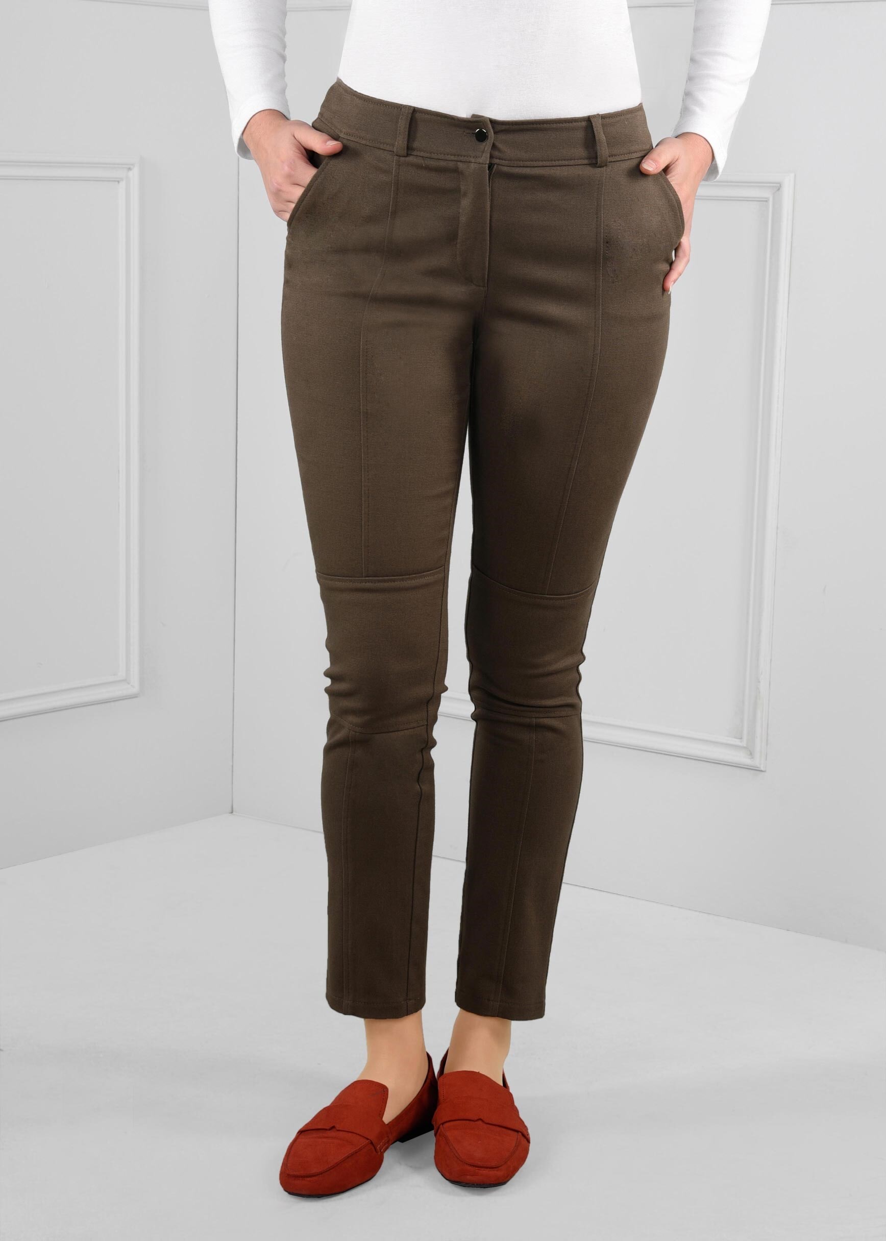 Tesettür giyim HAKİ ARA BEL DAR PAÇA KUMAŞ PANTOLON 7246