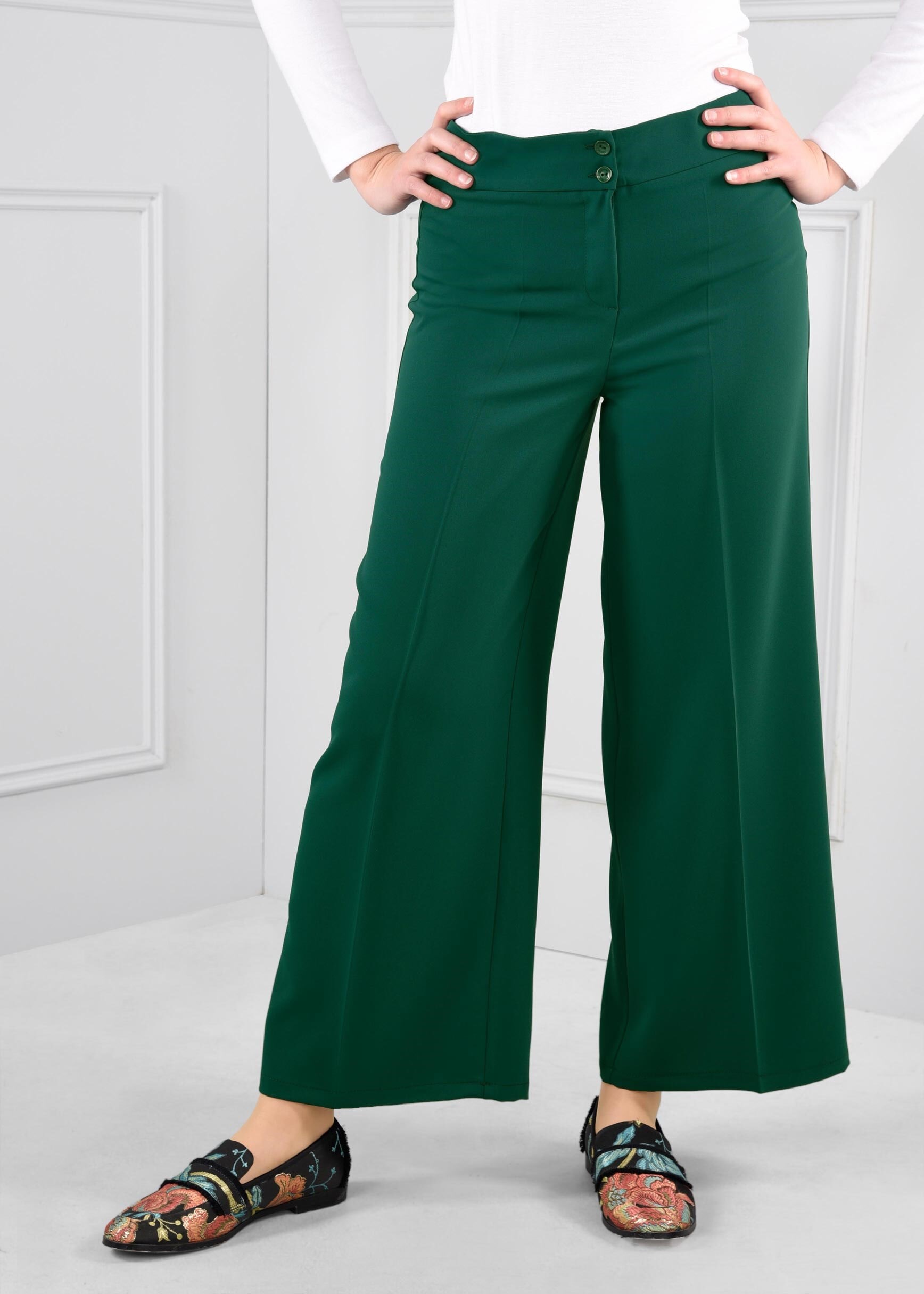 Tesettür giyim YEŞİL DÜĞMELİ GENİŞ PAÇA YÜKSEK BEL PANTOLON 7247 