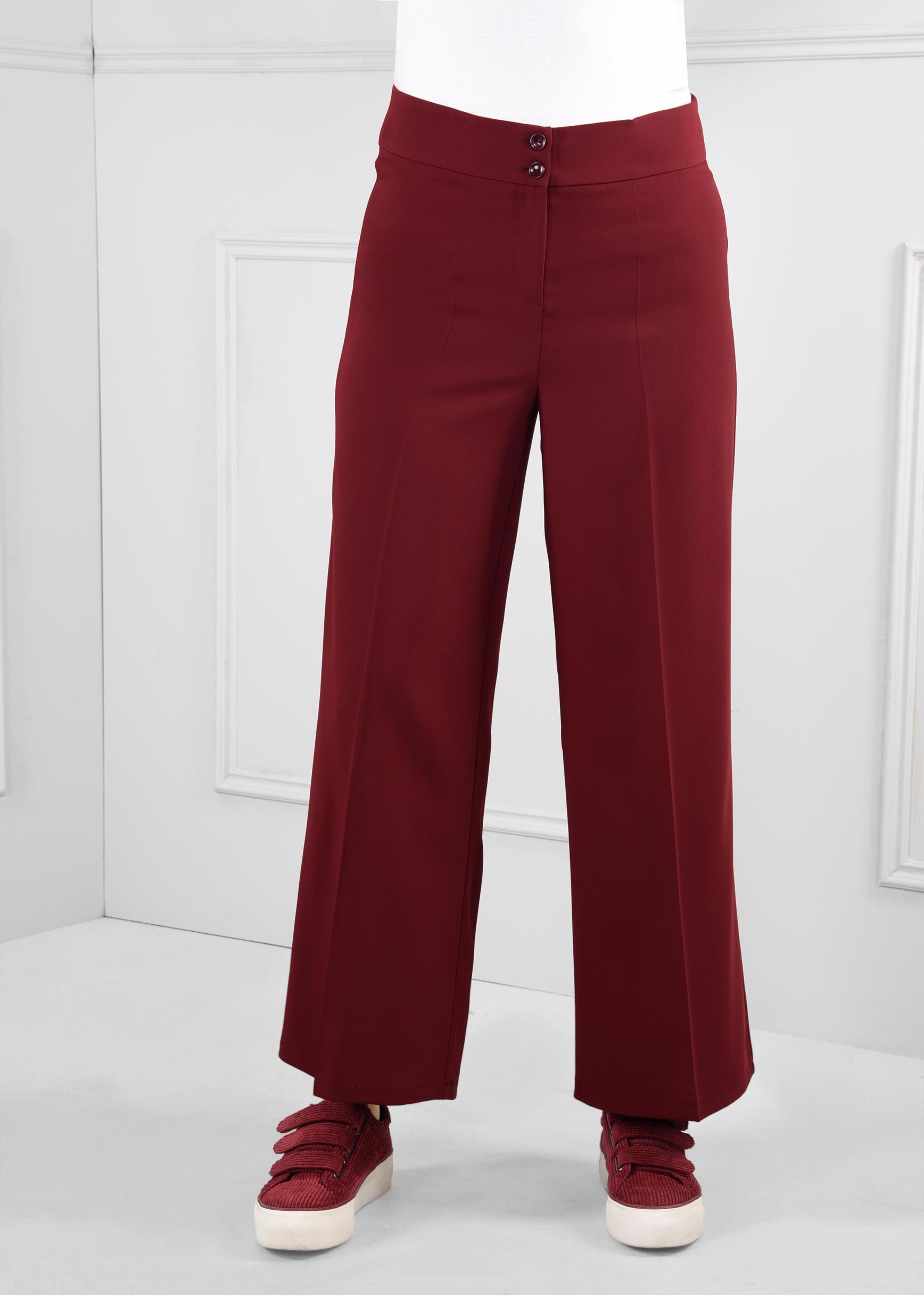 Tesettür giyim BORDO DÜĞMELİ GENİŞ PAÇA YÜKSEK BEL PANTOLON 7247 