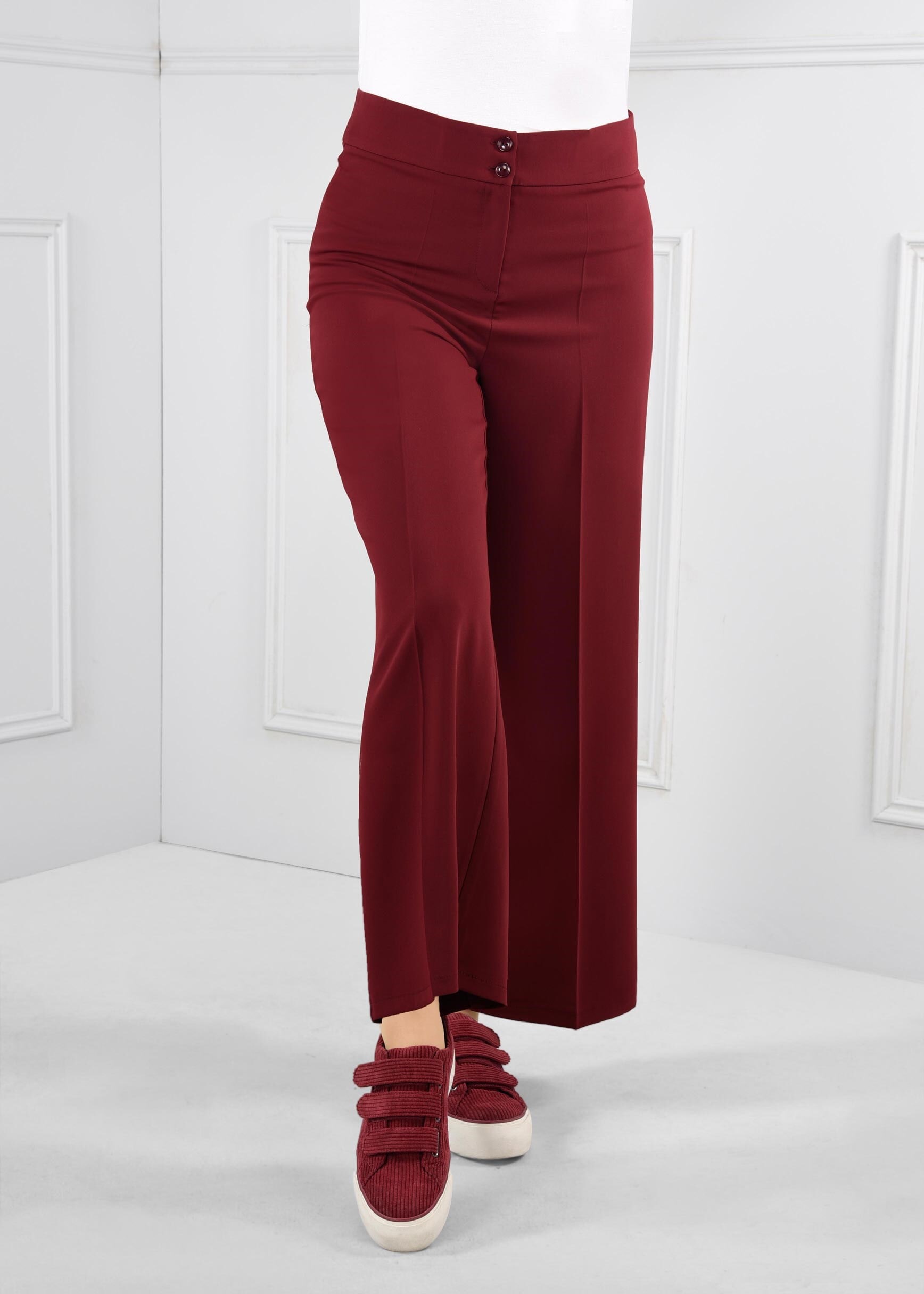 Tesettür giyim BORDO DÜĞMELİ GENİŞ PAÇA YÜKSEK BEL PANTOLON 7247 