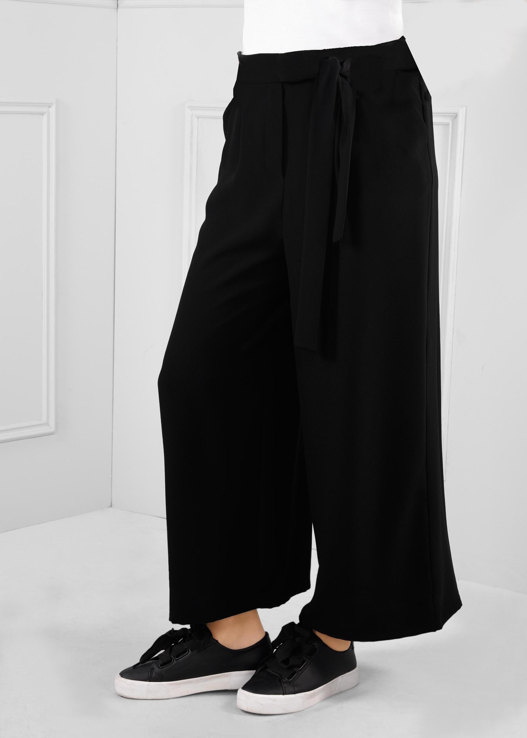 Tesettür giyim SİYAH BELİ LASTİKLİ KUŞAK DETAYLI GENİŞ KESİM PANTOLON 7250
