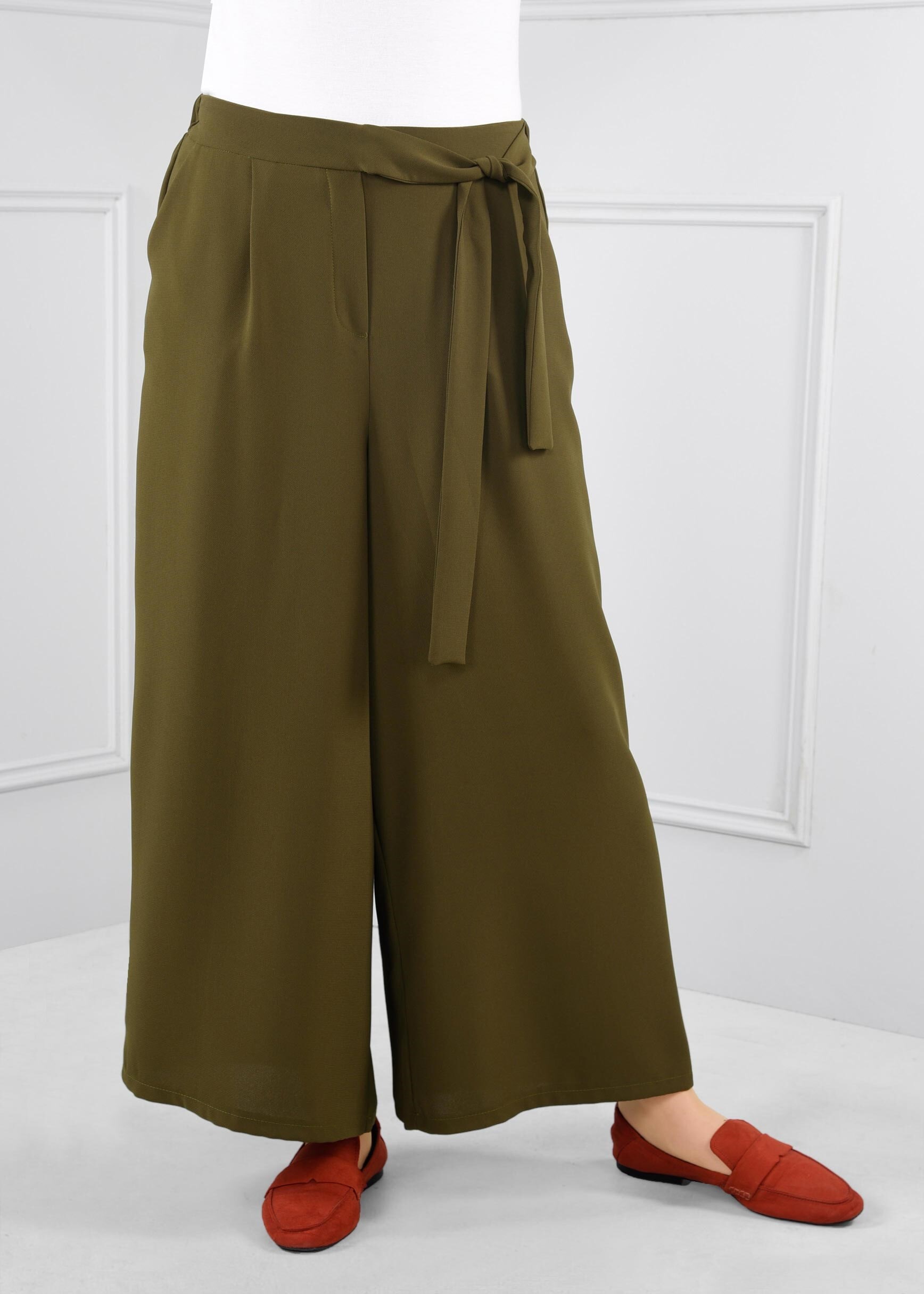 Tesettür giyim HAKİ BELİ LASTİKLİ KUŞAK DETAYLI GENİŞ KESİM PANTOLON 7250