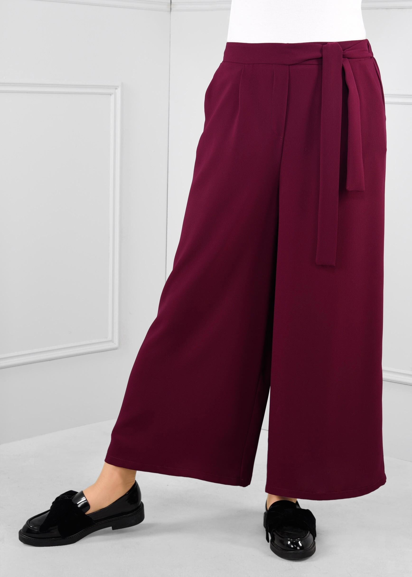 Tesettür giyim MÜRDÜM BELİ LASTİKLİ KUŞAK DETAYLI GENİŞ KESİM PANTOLON 7250