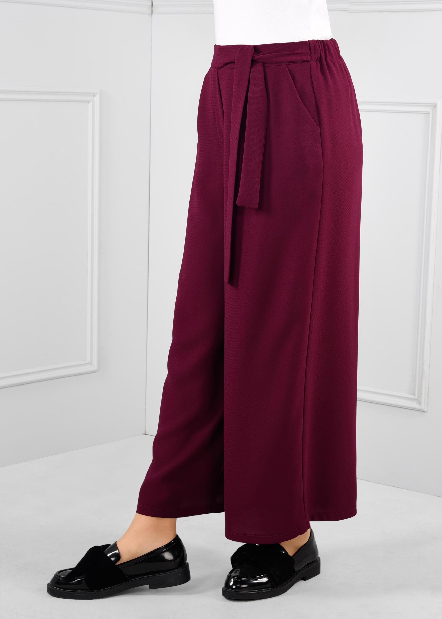 Tesettür giyim MÜRDÜM BELİ LASTİKLİ KUŞAK DETAYLI GENİŞ KESİM PANTOLON 7250