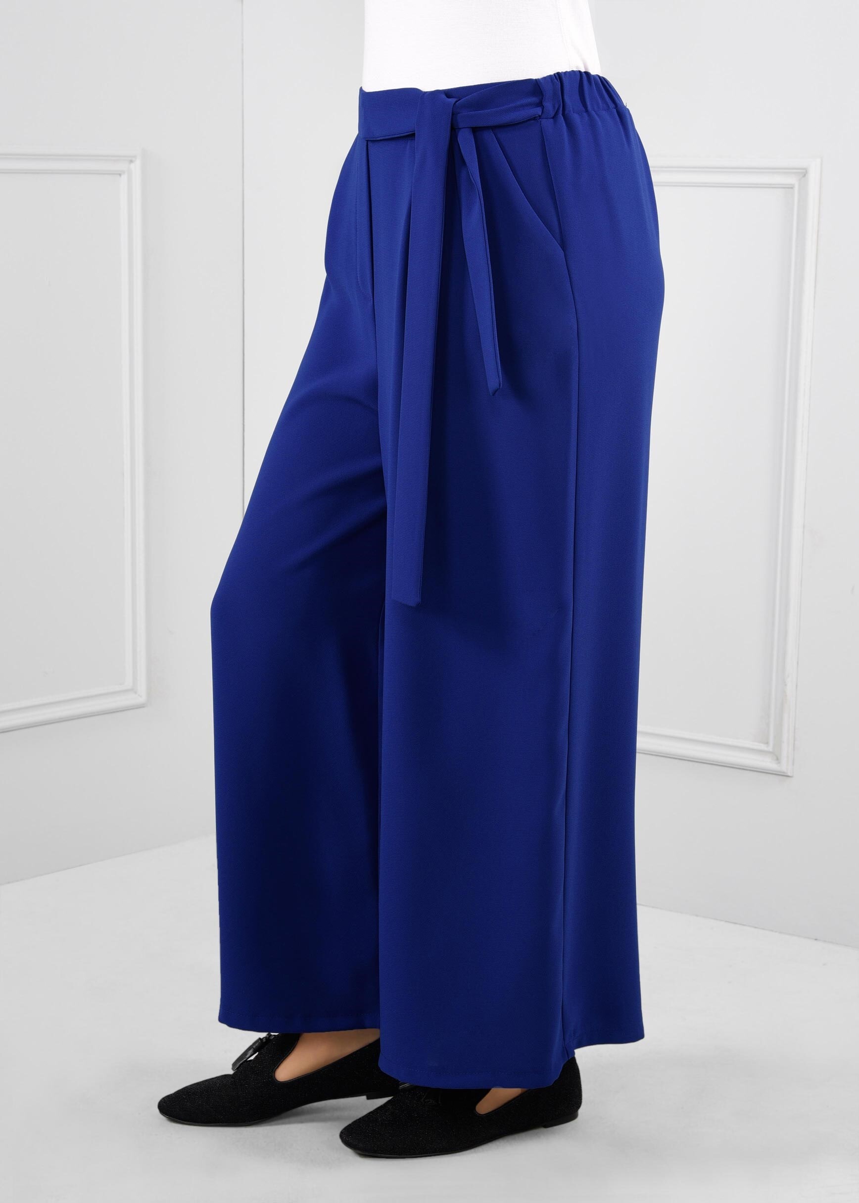 Tesettür giyim LACİVERT BELİ LASTİKLİ KUŞAK DETAYLI GENİŞ KESİM PANTOLON 7250