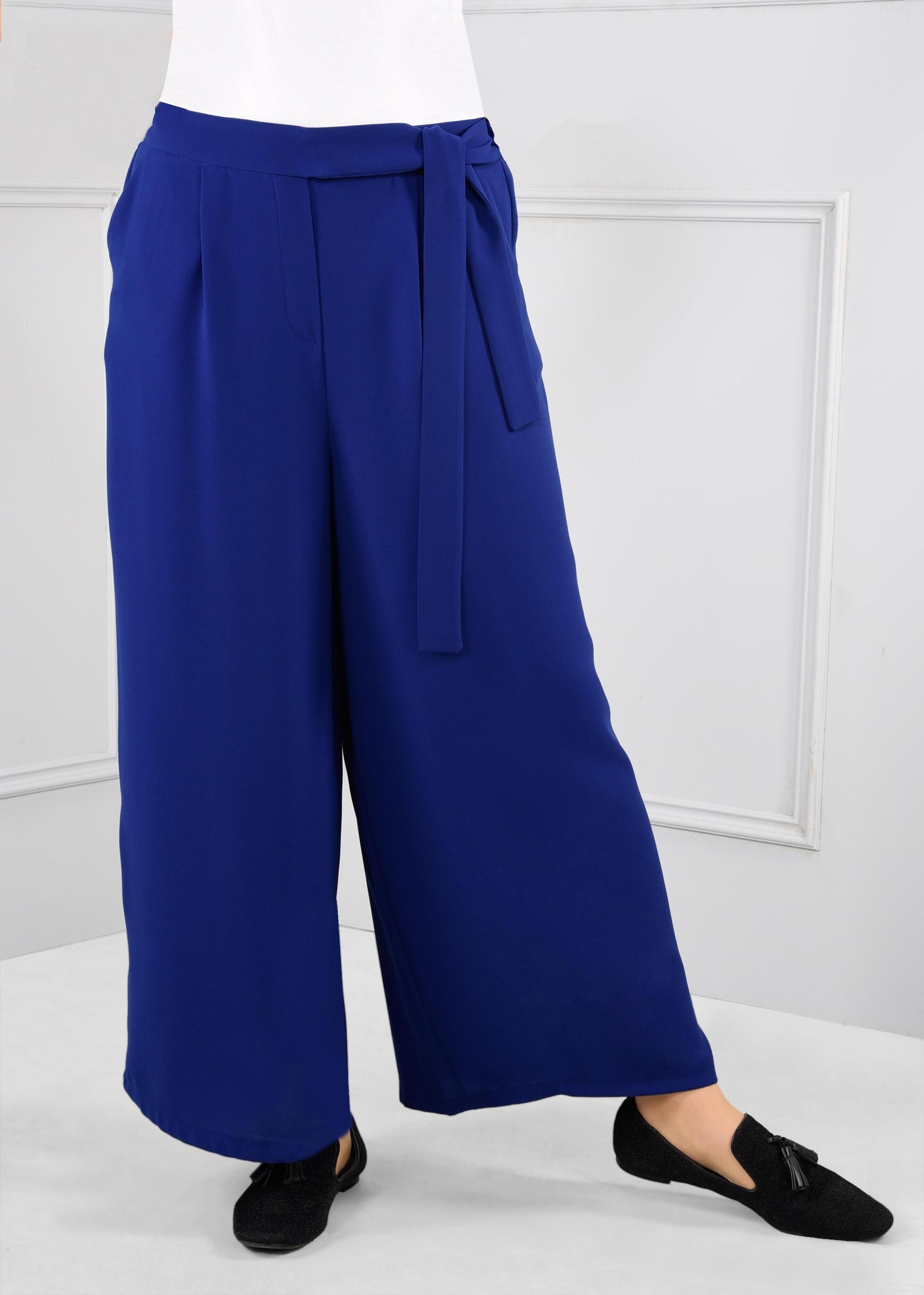 Tesettür giyim LACİVERT BELİ LASTİKLİ KUŞAK DETAYLI GENİŞ KESİM PANTOLON 7250