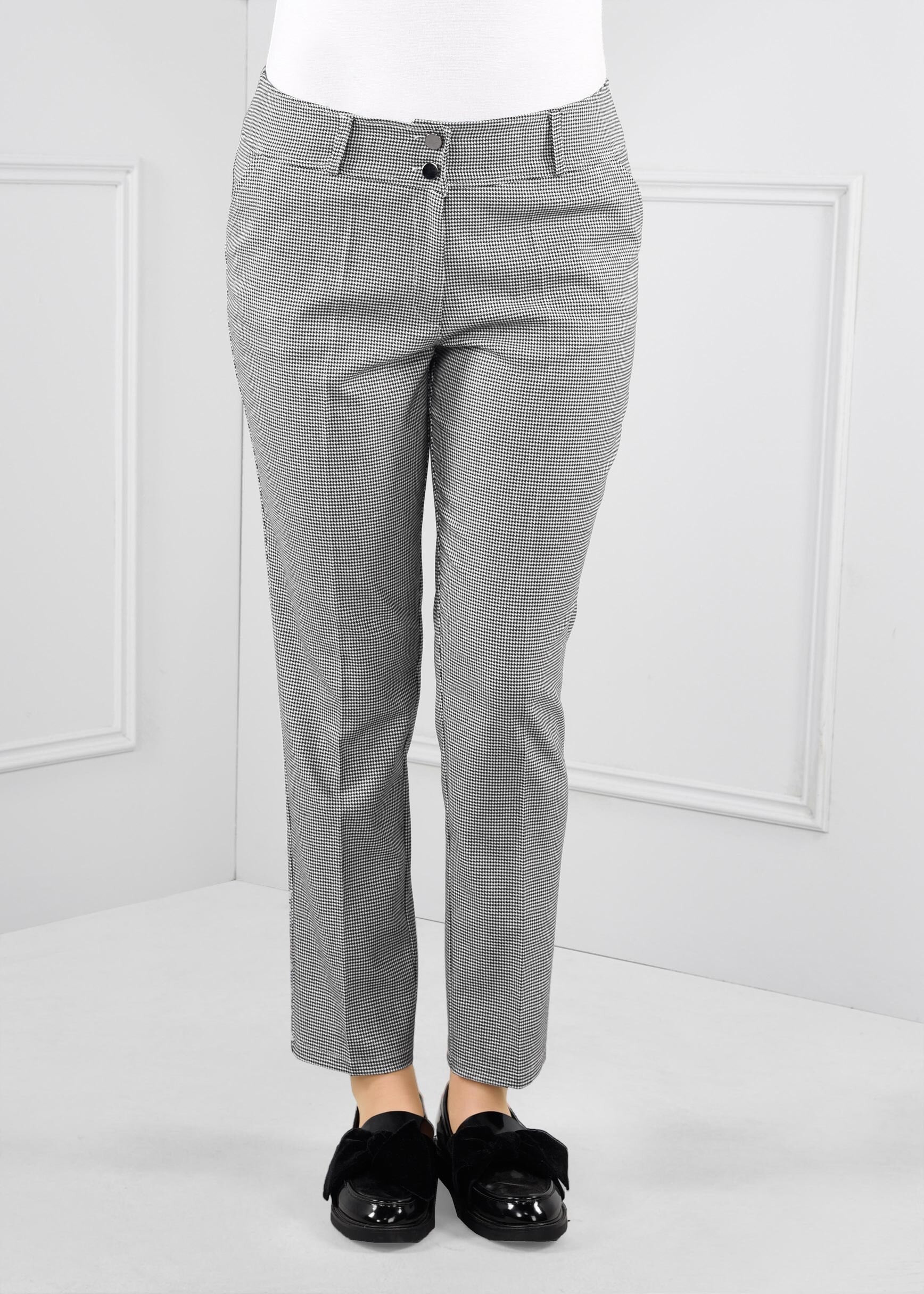 Tesettür giyim SİYAH KAZAYAĞI DESENLİ ARA BEL BORU PAÇA PANTOLON 7255 