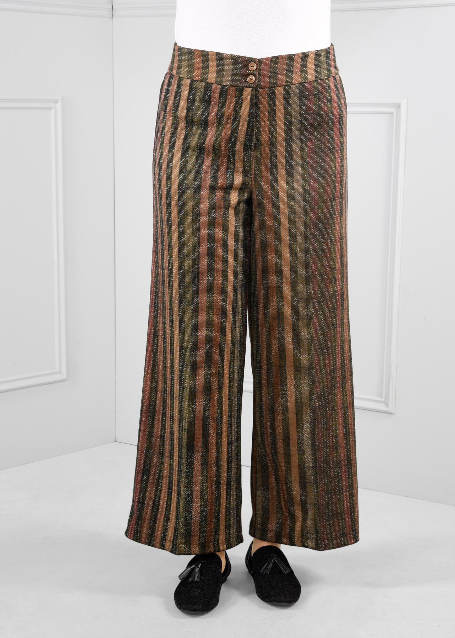 Tesettür giyim HAKİ ÇİZGİLİ GENİŞ KESİM ARA BEL PANTOLON 7256