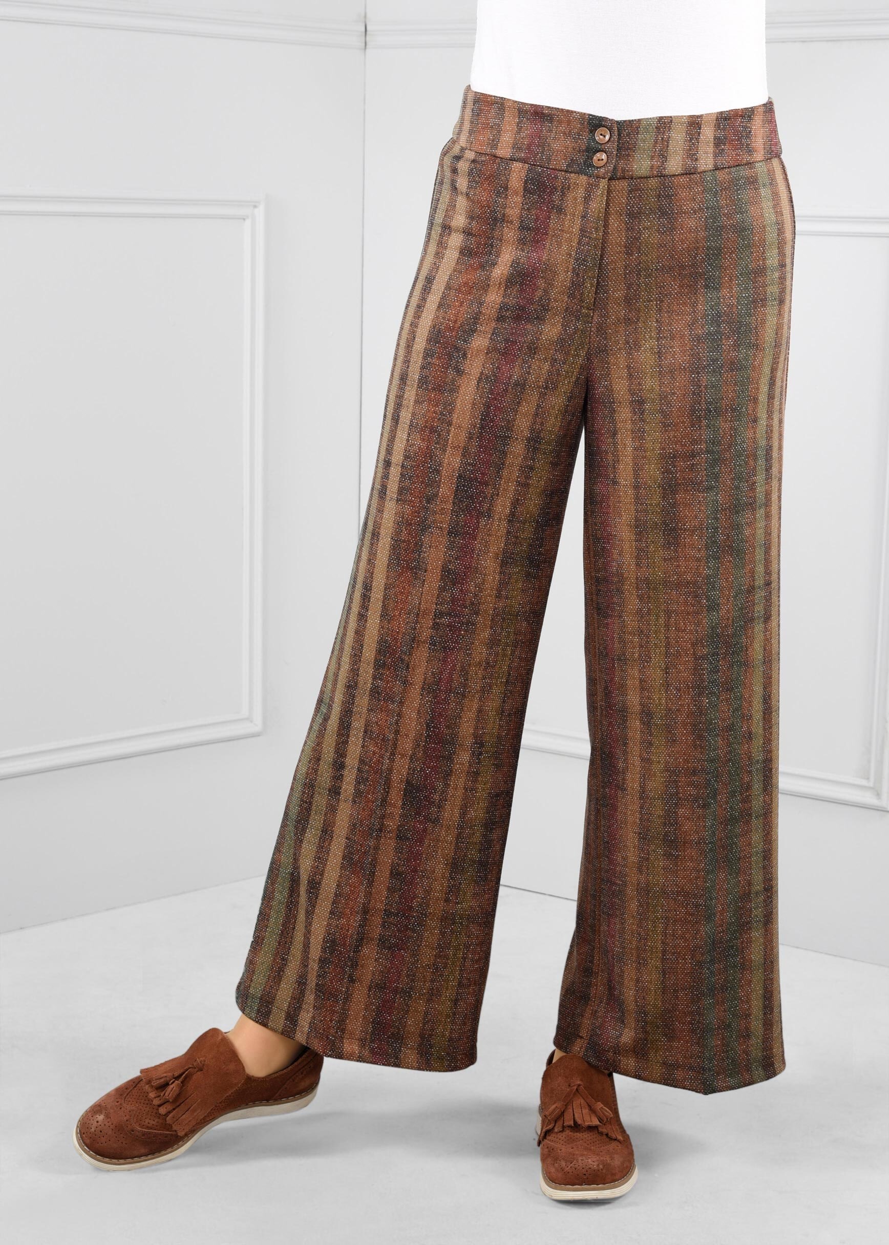 Tesettür giyim TABA ÇİZGİLİ GENİŞ KESİM ARA BEL PANTOLON 7256