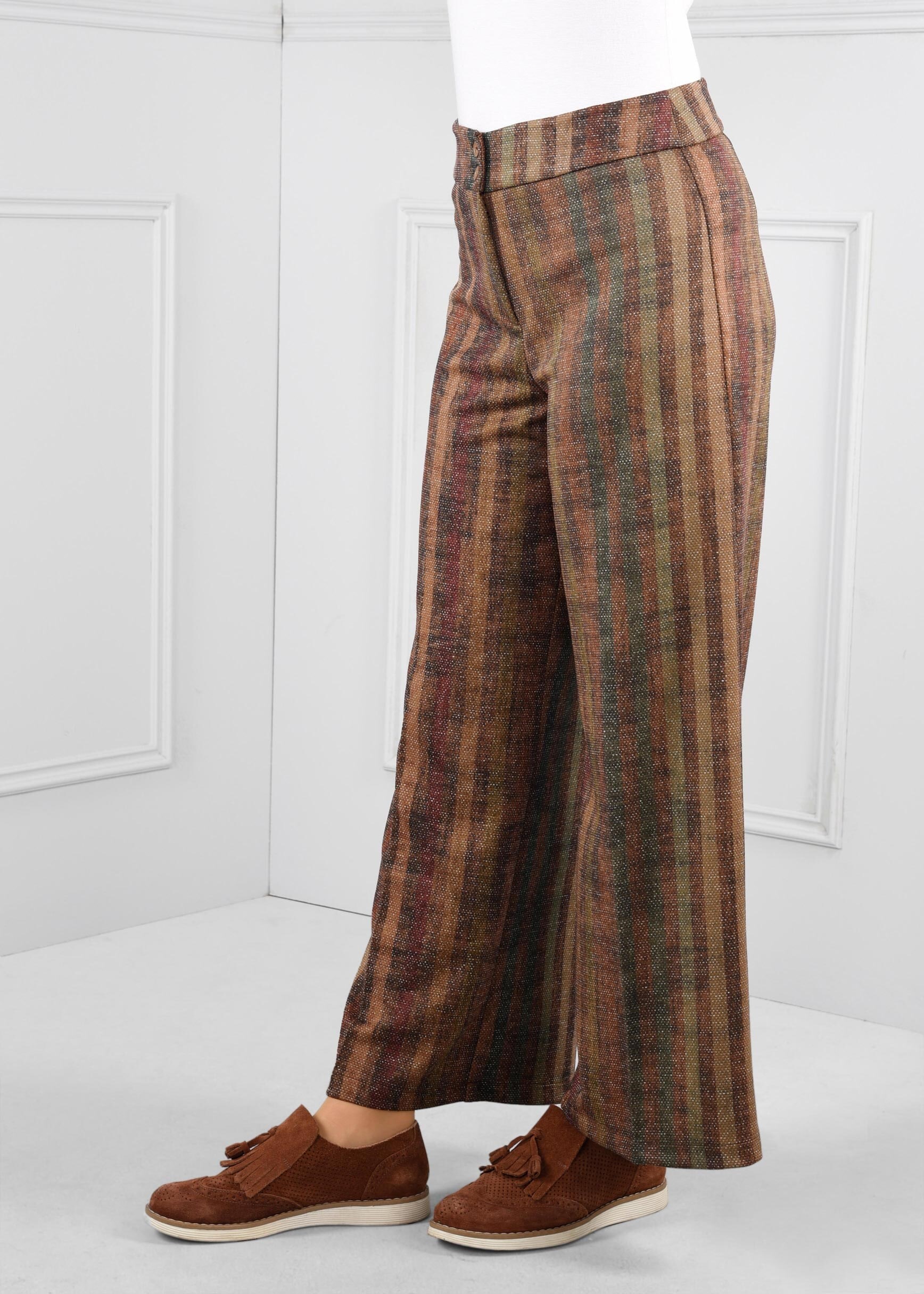 Tesettür giyim TABA ÇİZGİLİ GENİŞ KESİM ARA BEL PANTOLON 7256