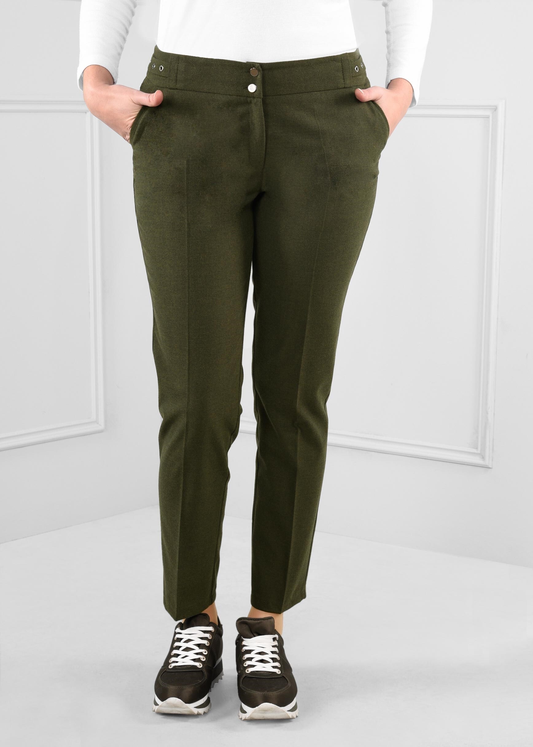 Tesettür giyim HAKİ KEMERİ KUŞ GÖZÜ DETAYLI ARA BEL BORU PAÇA PANTOLON 7260 