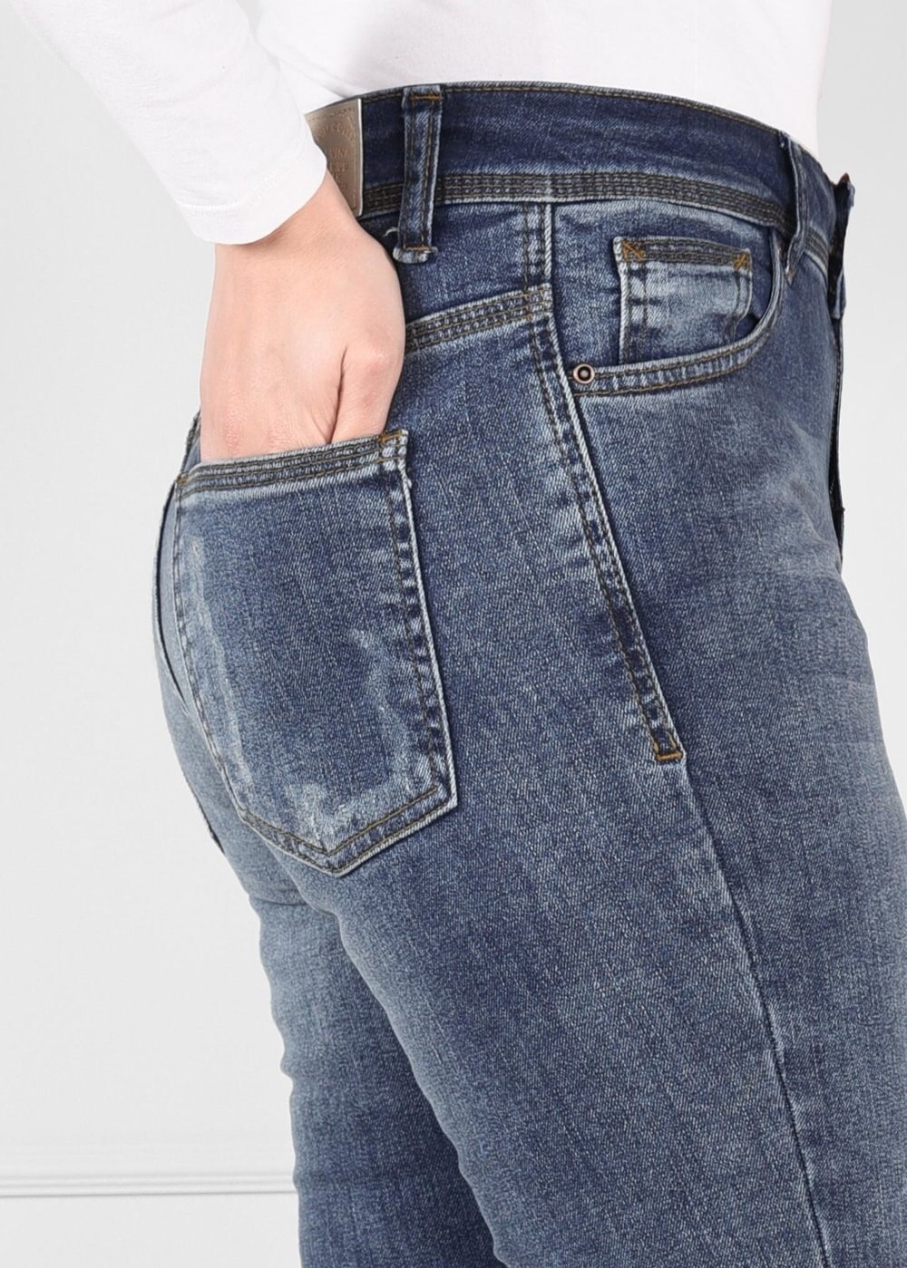 Tesettür giyim MAVİ PAÇALARI PÜSKÜLLÜ ARA BEL DENİM PANTOLON 7265 