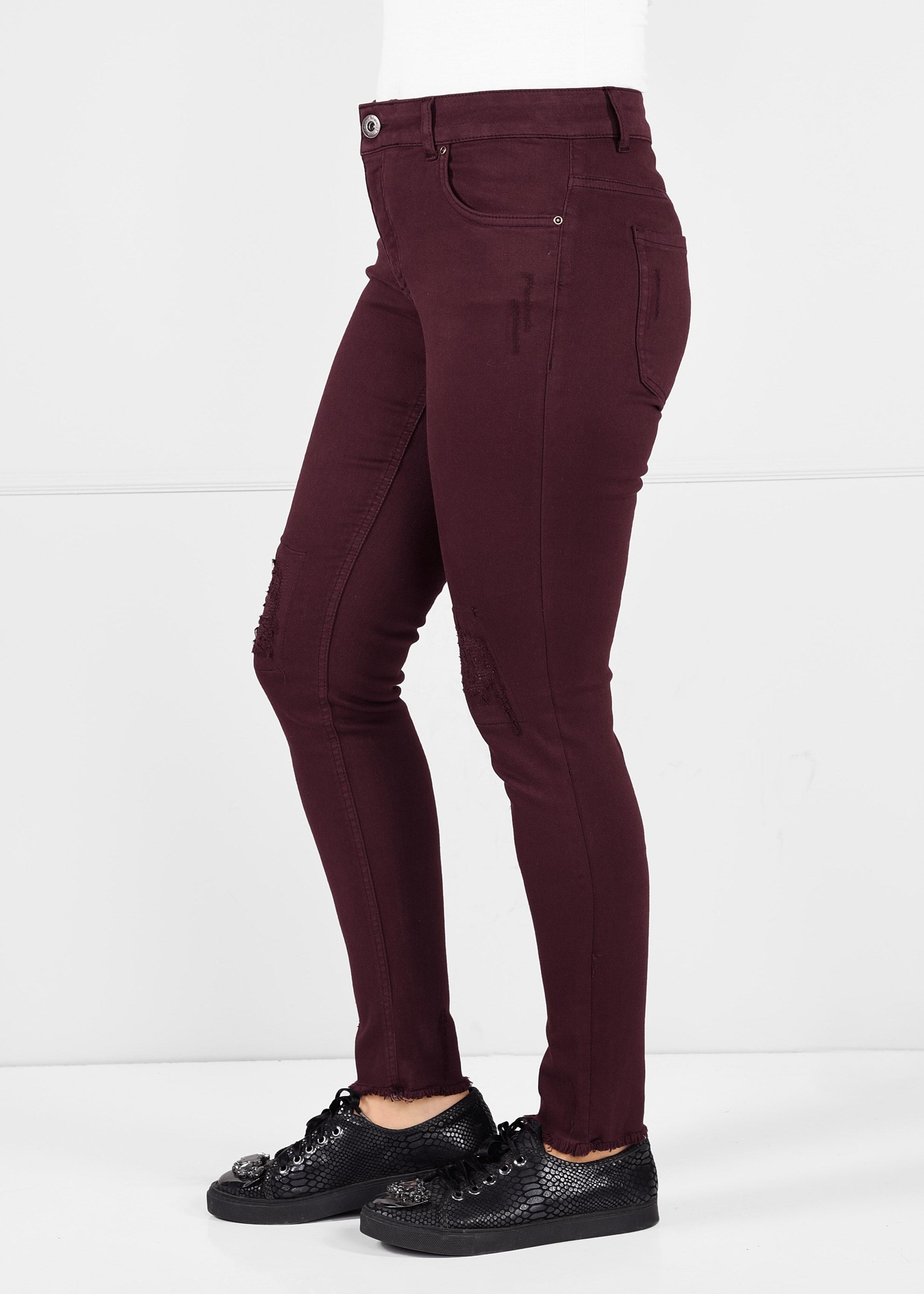 Tesettür giyim BORDO PAÇALARI PÜSKÜLLÜ CEPLİ ARA BEL PANTOLON 7267