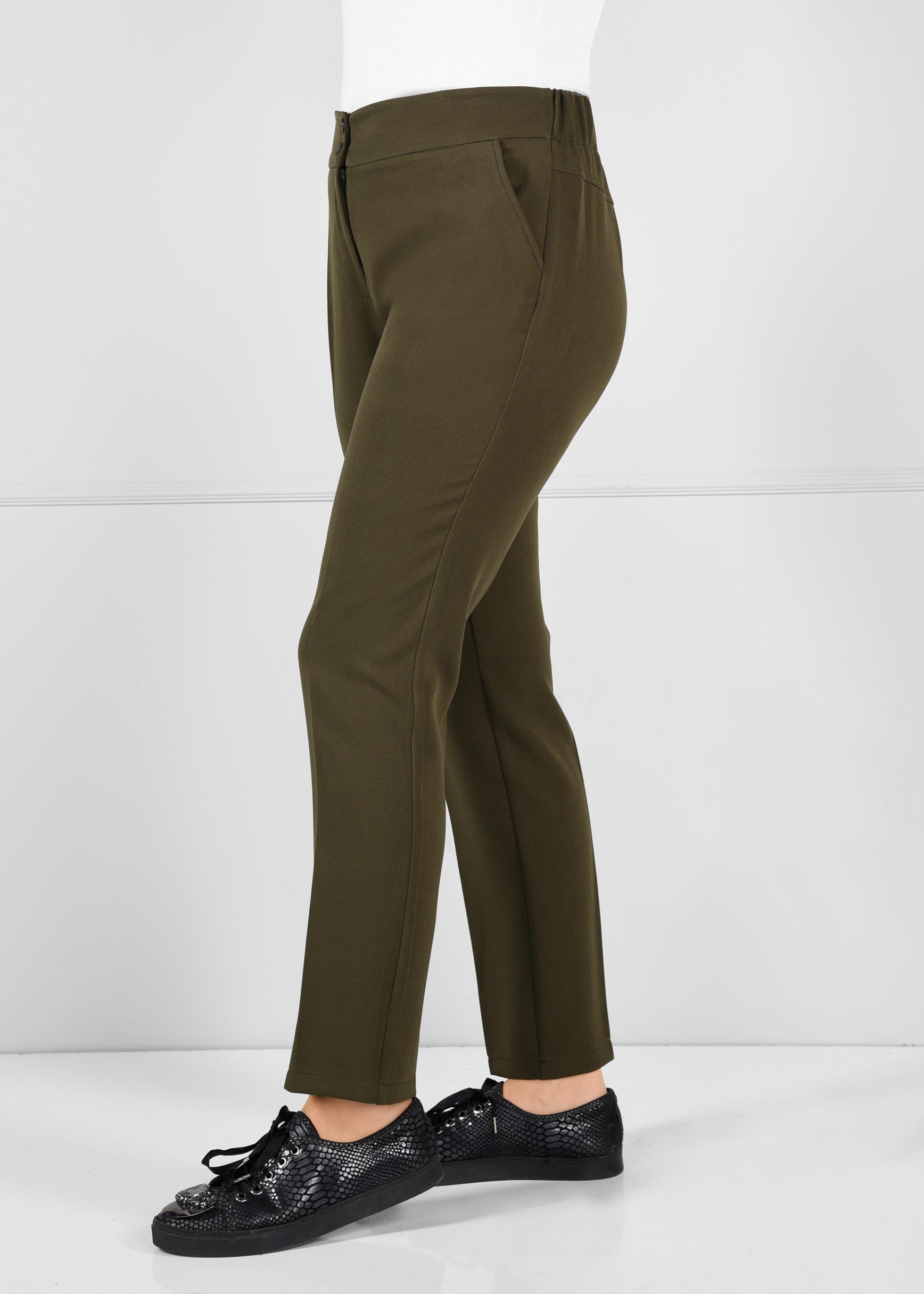 Tesettür giyim HAKİ BELİ LASTİKLİ DÜĞMELİ KUMAŞ PANTOLON 7280