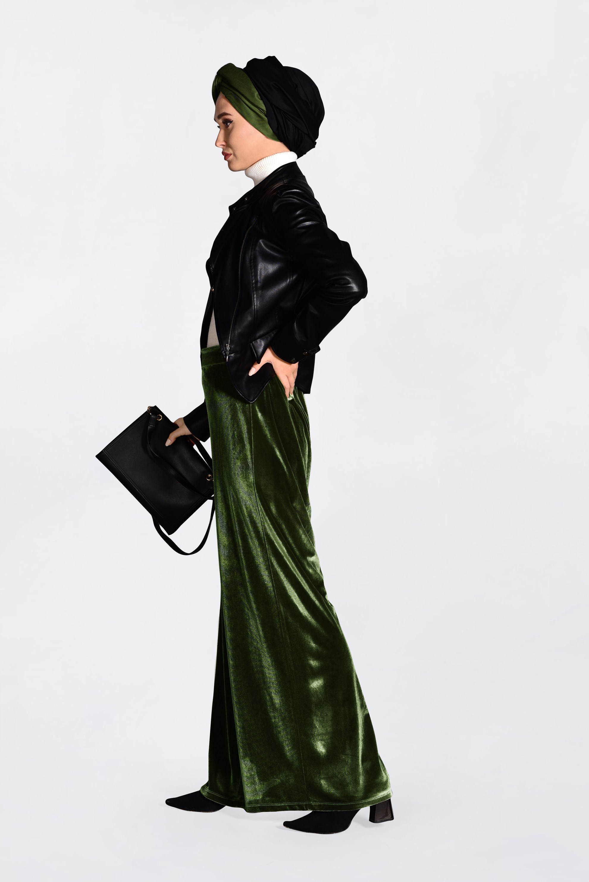 Tesettür giyim HAKİ KADİFE BOL KESİM PANTOLON 7401 