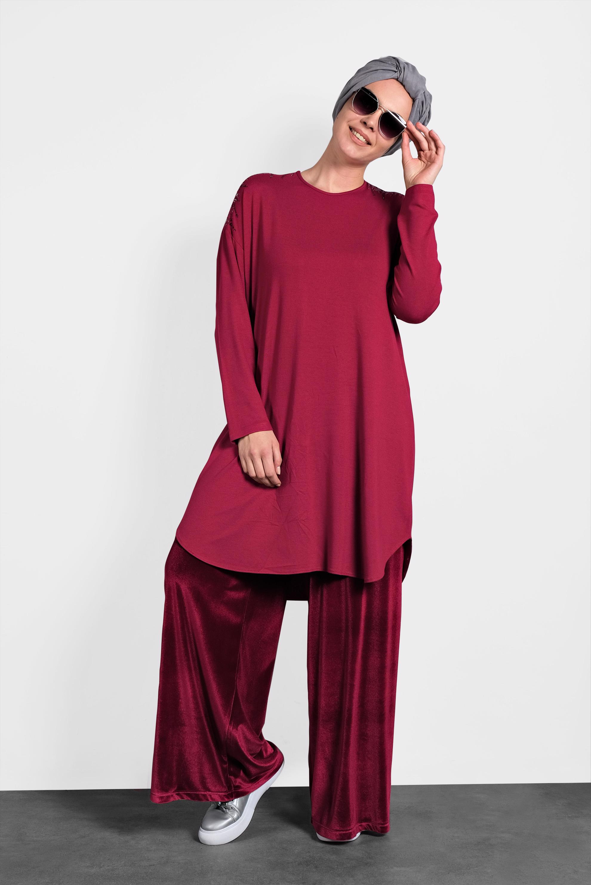 Tesettür giyim BORDO KADİFE BOL KESİM PANTOLON 7401 