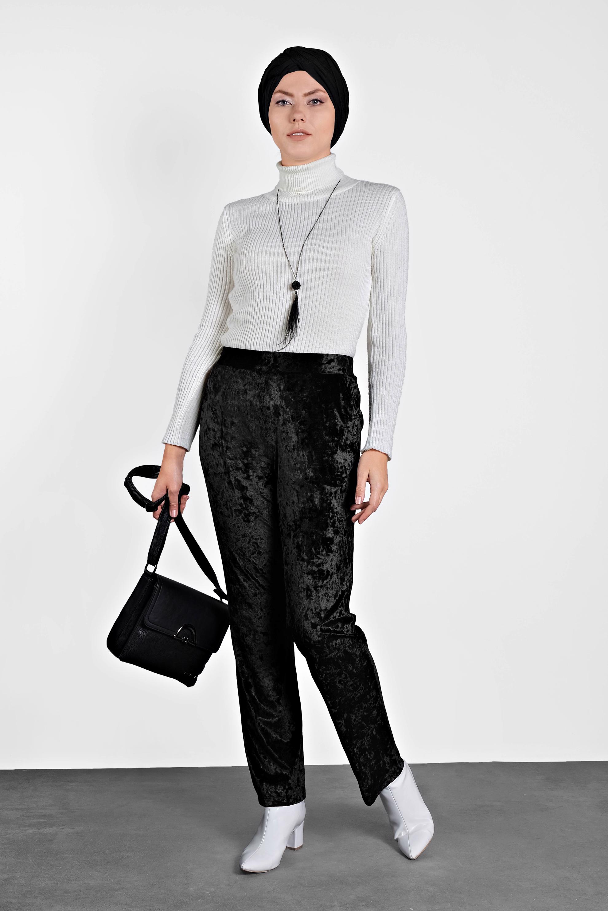 Tesettür giyim SİYAH BELİ LASTİKLİ KADİFE PANTOLON 7402 