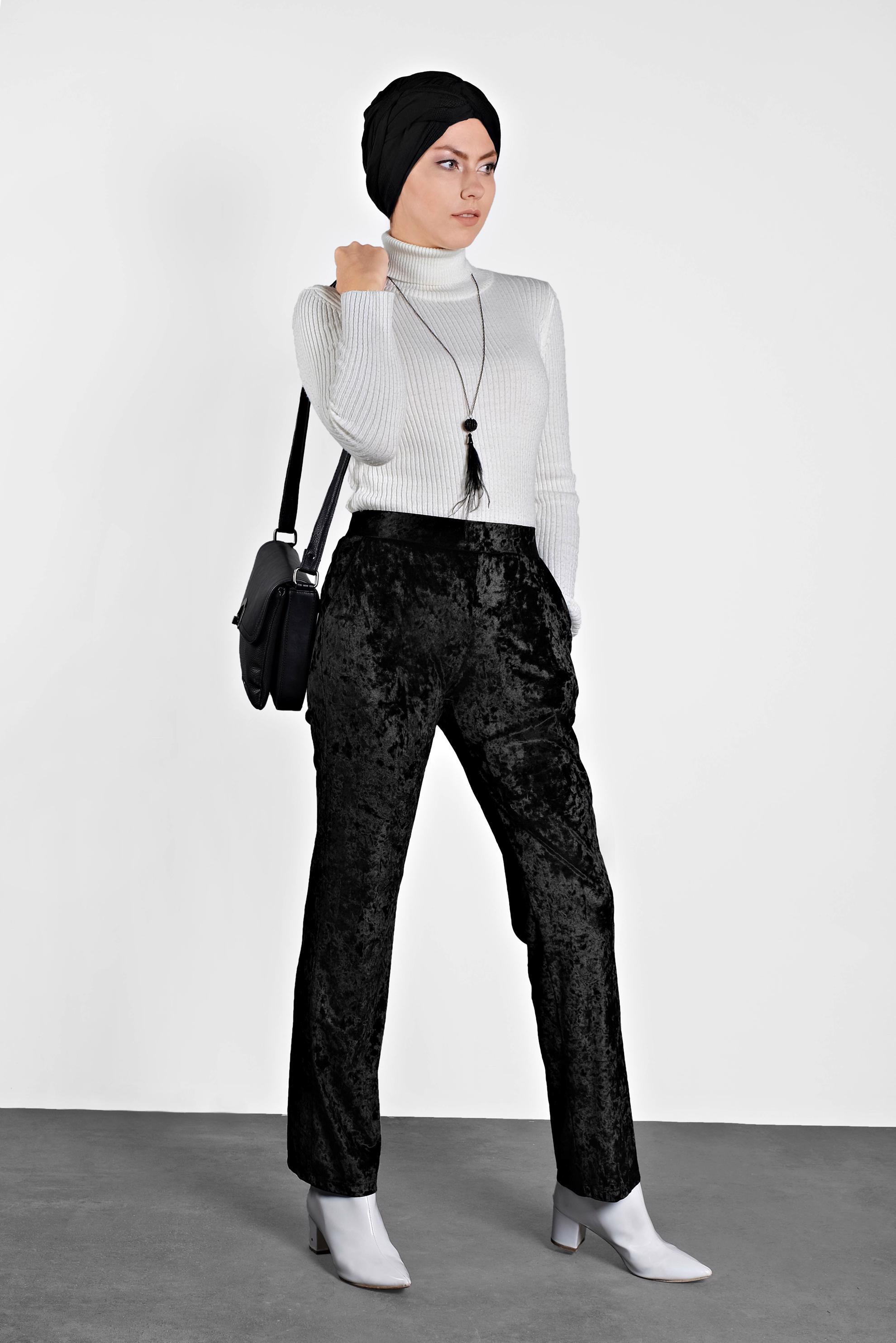 Tesettür giyim SİYAH BELİ LASTİKLİ KADİFE PANTOLON 7402 