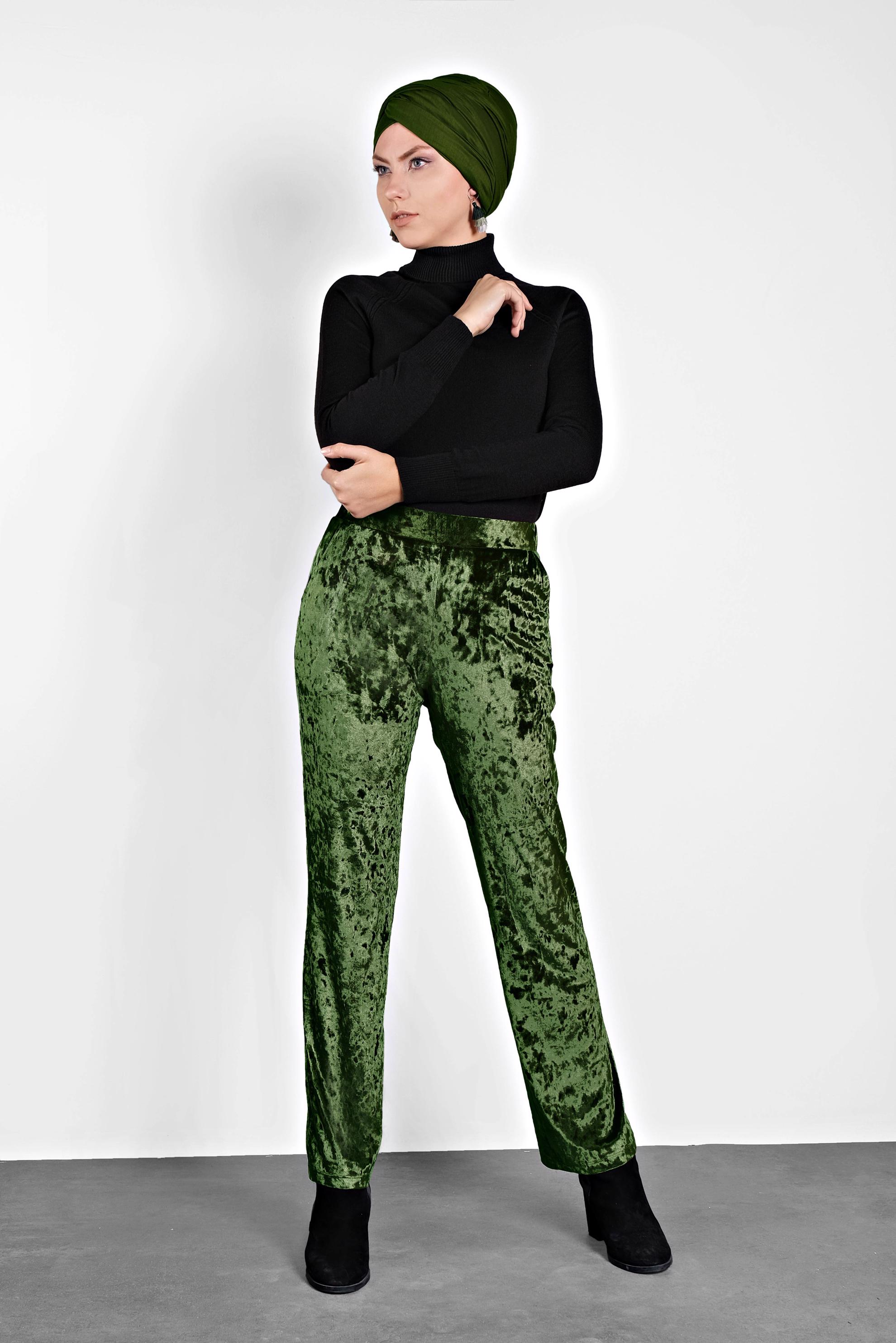 Tesettür giyim HAKİ BELİ LASTİKLİ KADİFE PANTOLON 7402 