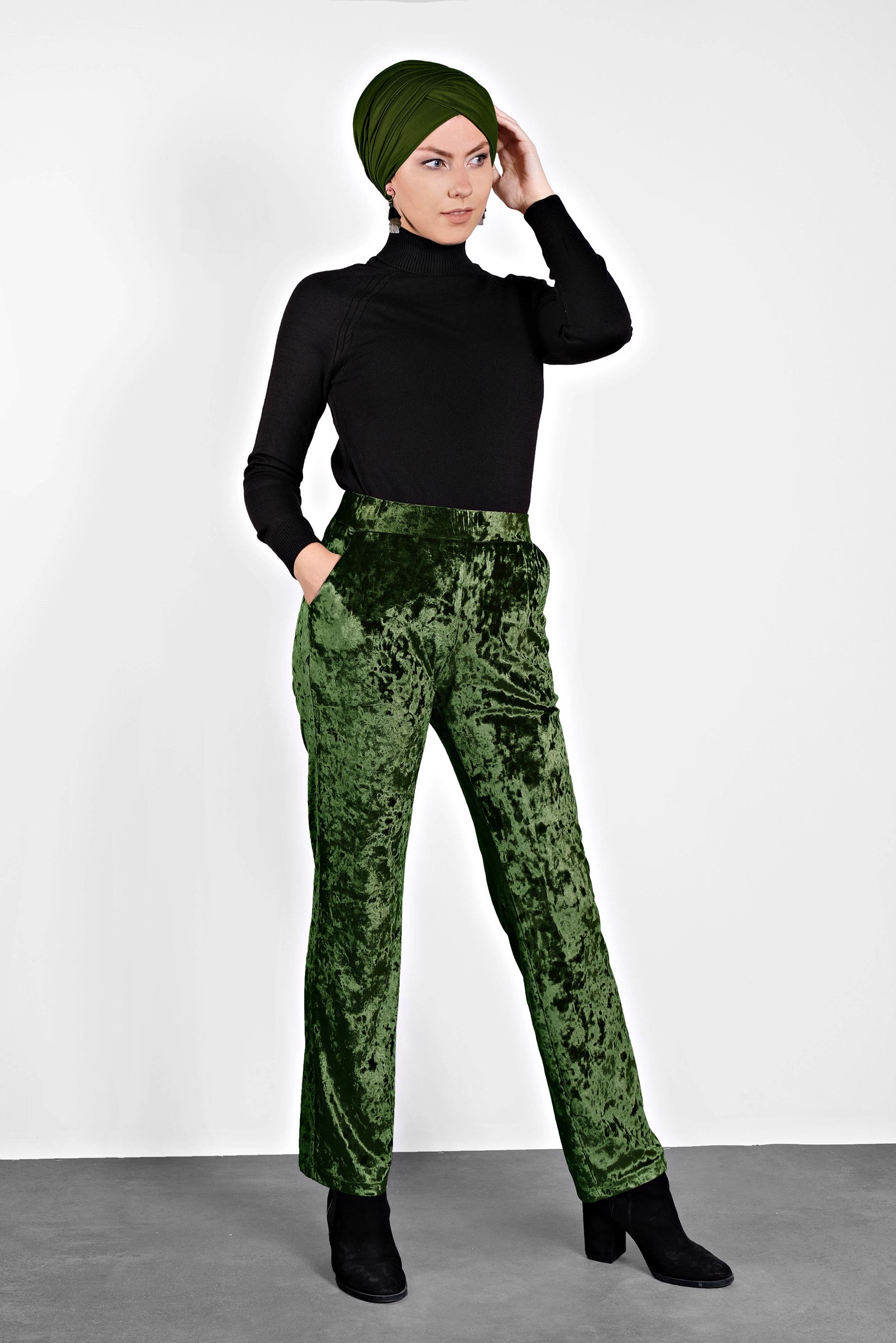 Tesettür giyim HAKİ BELİ LASTİKLİ KADİFE PANTOLON 7402 