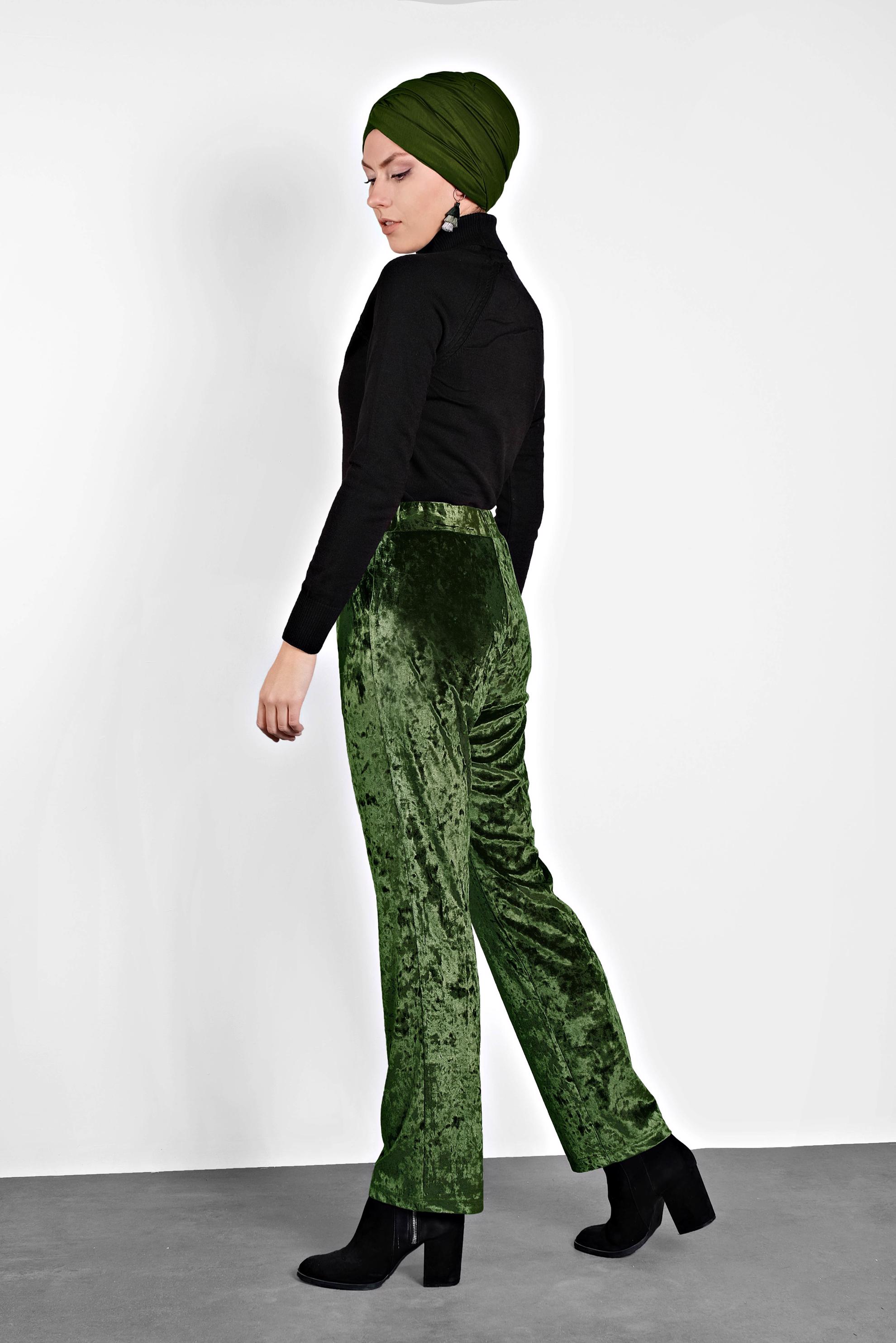Tesettür giyim HAKİ BELİ LASTİKLİ KADİFE PANTOLON 7402 