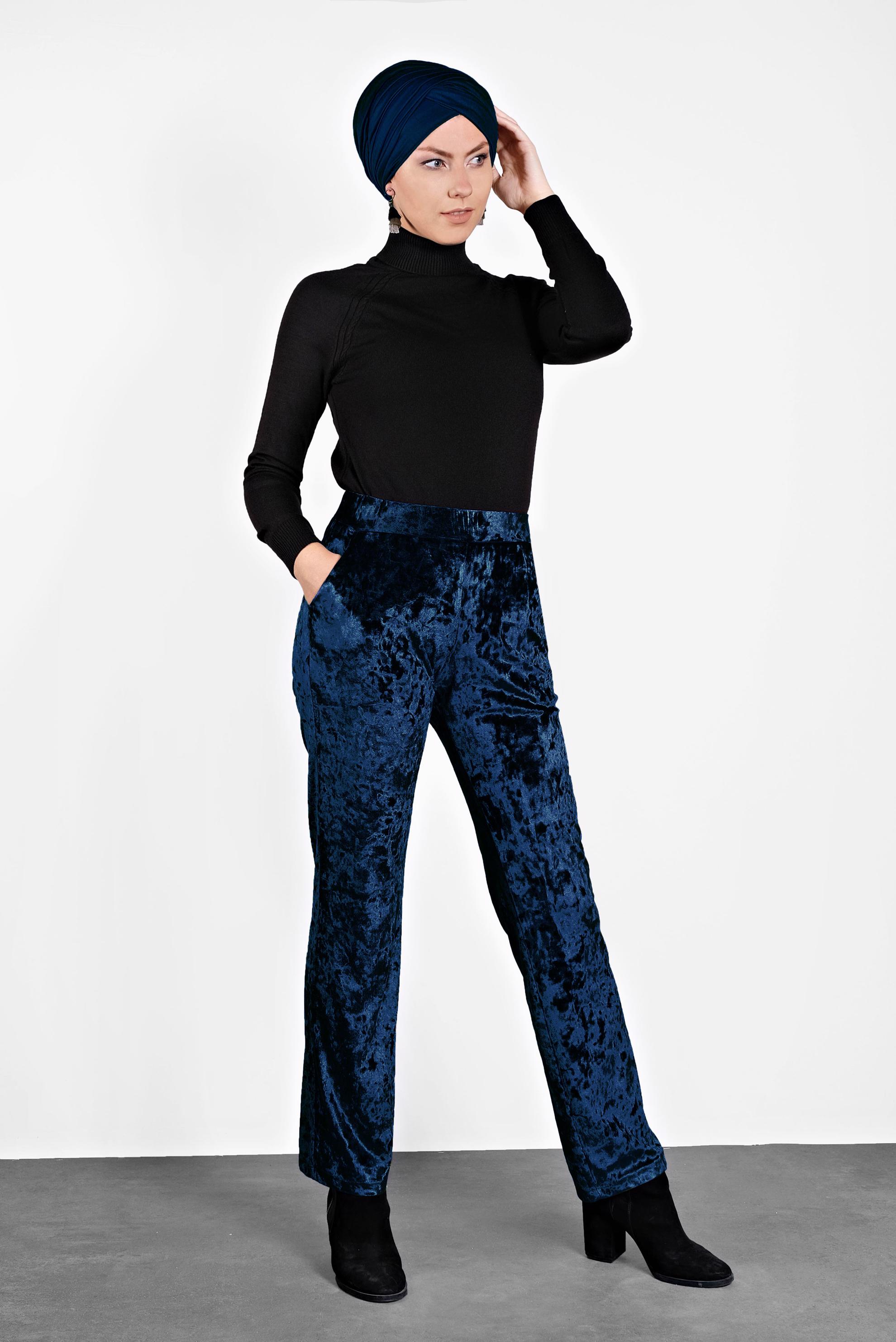 Tesettür giyim LACİVERT BELİ LASTİKLİ KADİFE PANTOLON 7402 