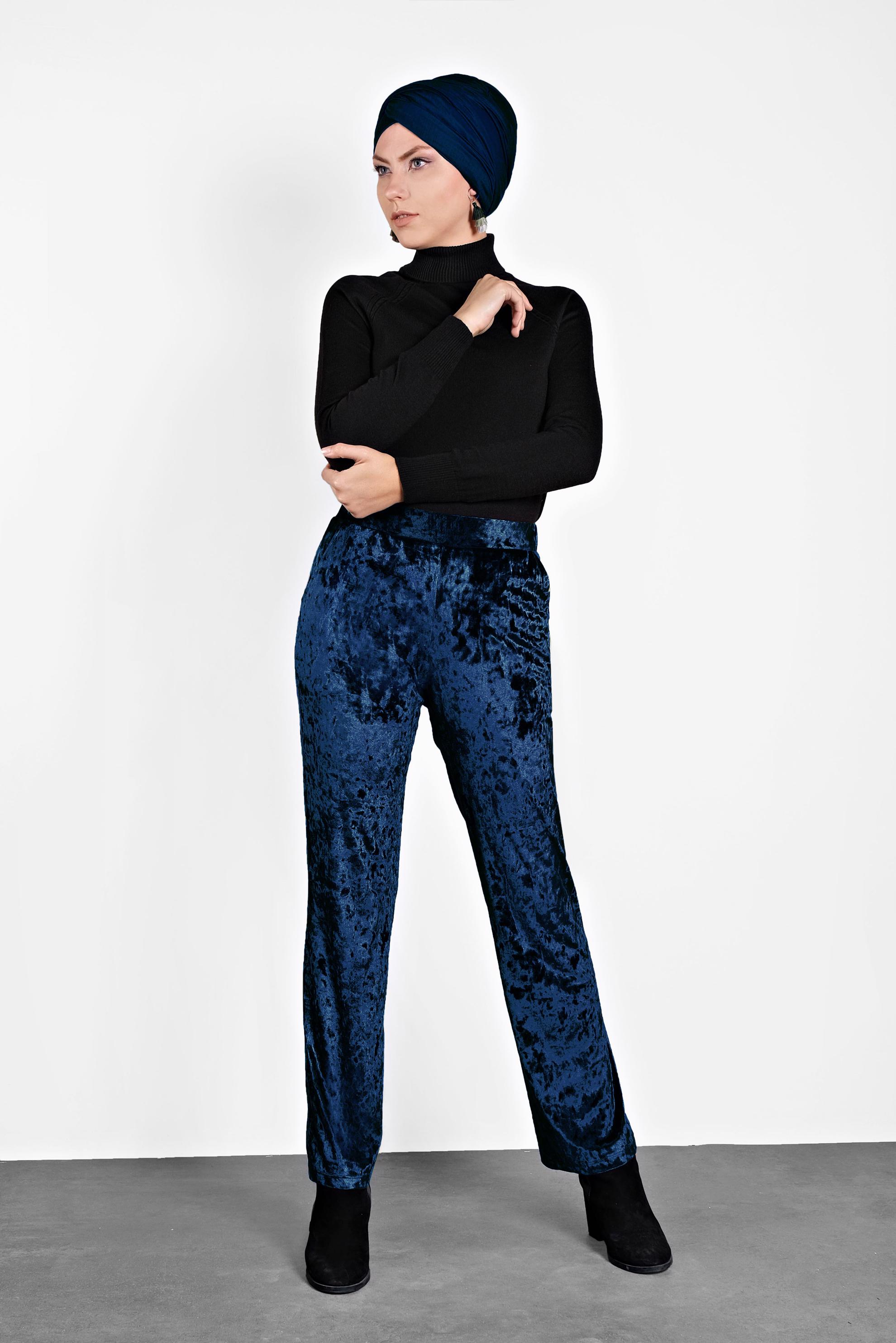 Tesettür giyim LACİVERT BELİ LASTİKLİ KADİFE PANTOLON 7402 