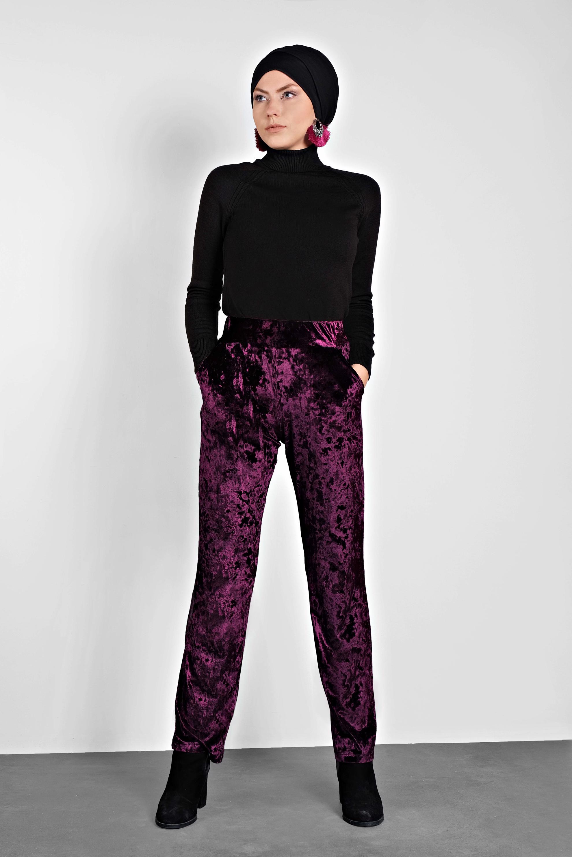 Tesettür giyim MÜRDÜM BELİ LASTİKLİ KADİFE PANTOLON 7402 