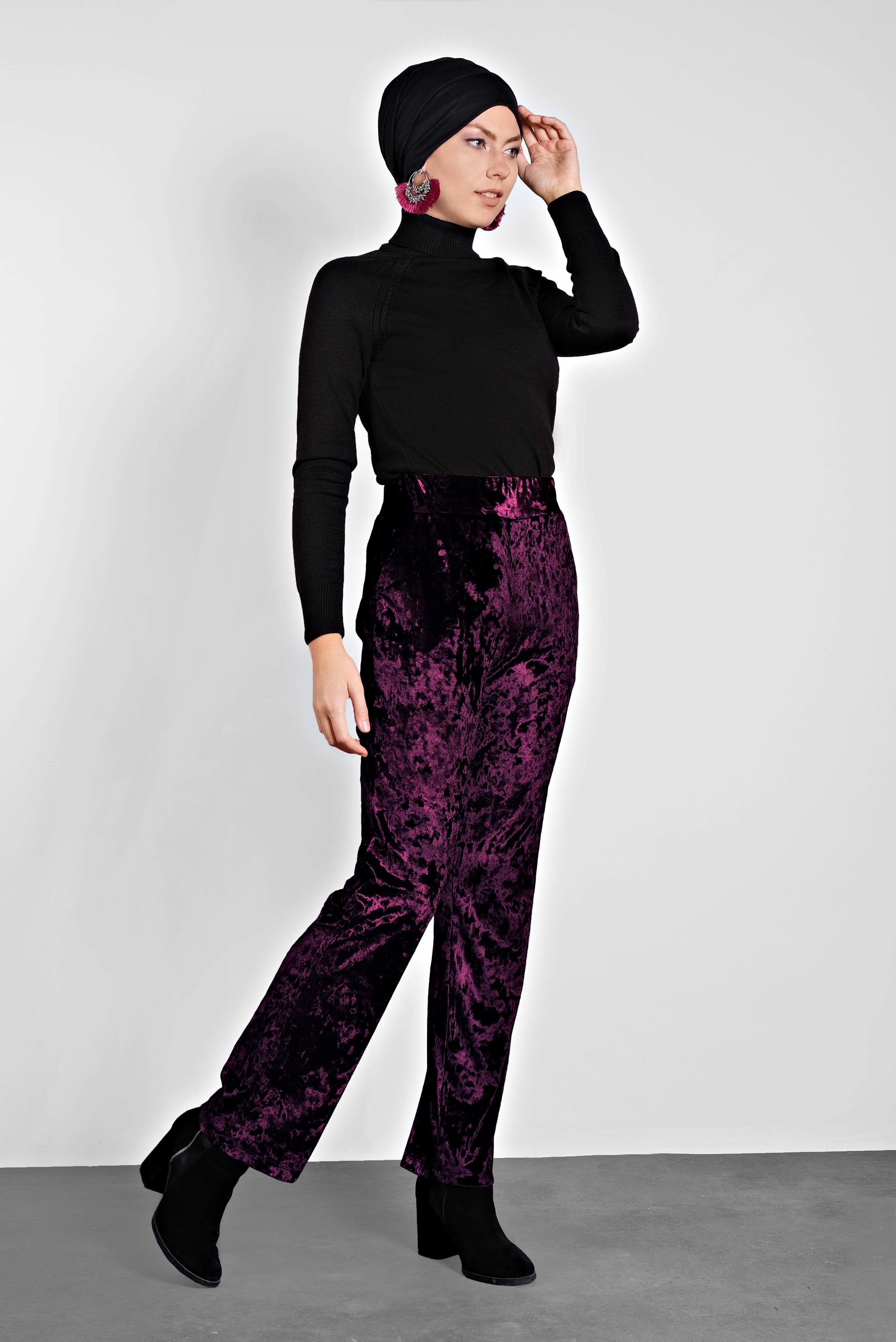 Tesettür giyim MÜRDÜM BELİ LASTİKLİ KADİFE PANTOLON 7402 