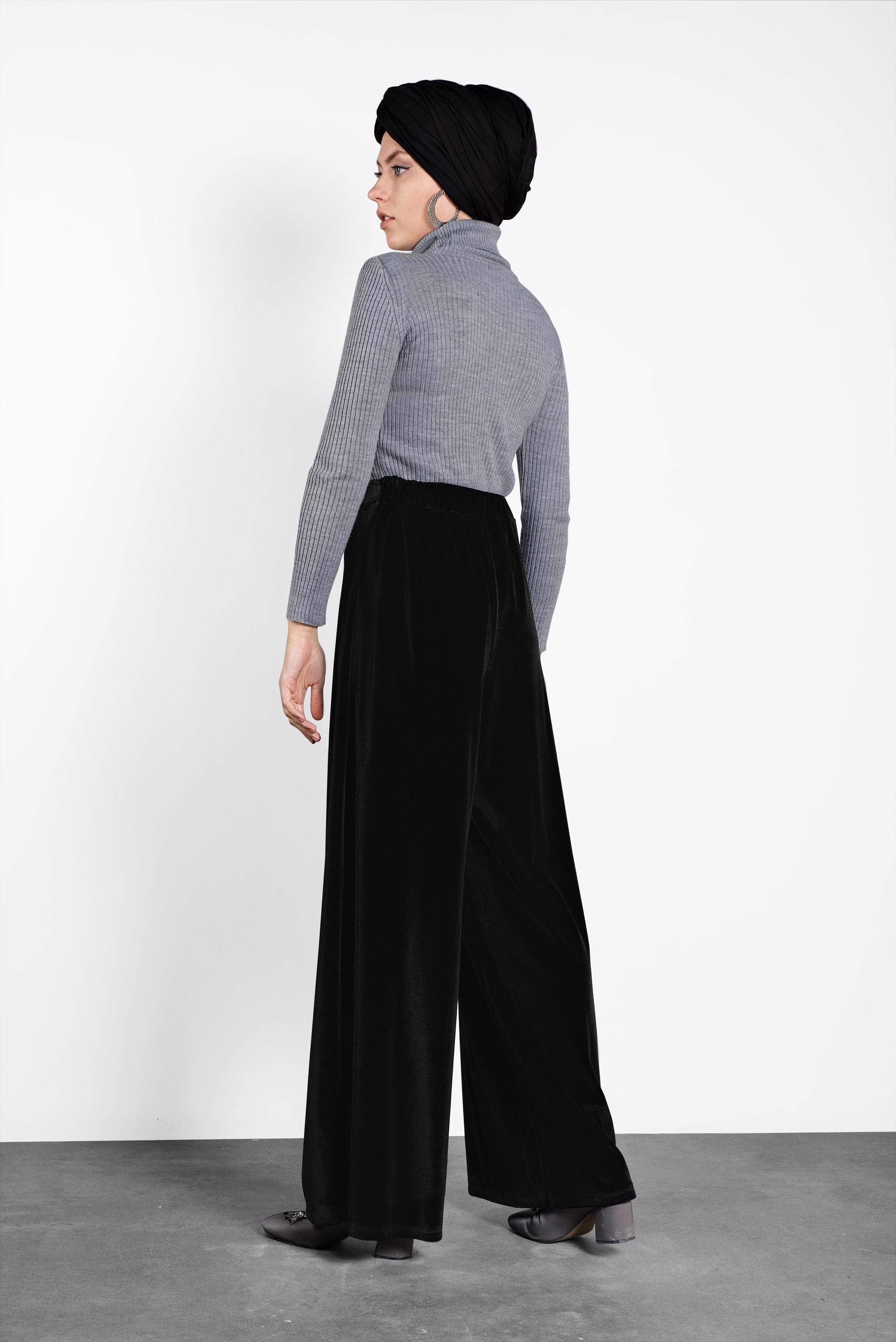 Tesettür giyim SİYAH BELİ LASTİKLİ KADİFE PANTOLON 7404 