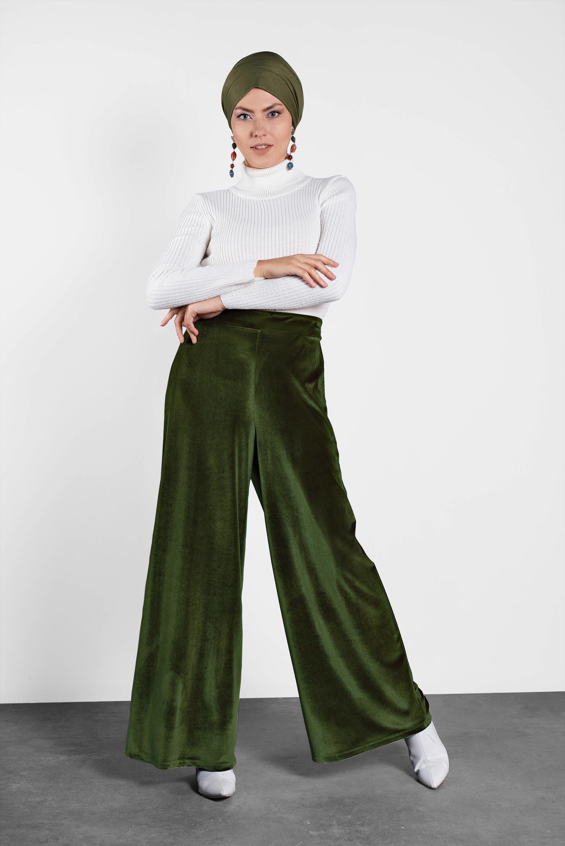 Tesettür giyim HAKİ BELİ LASTİKLİ KADİFE PANTOLON 7404 