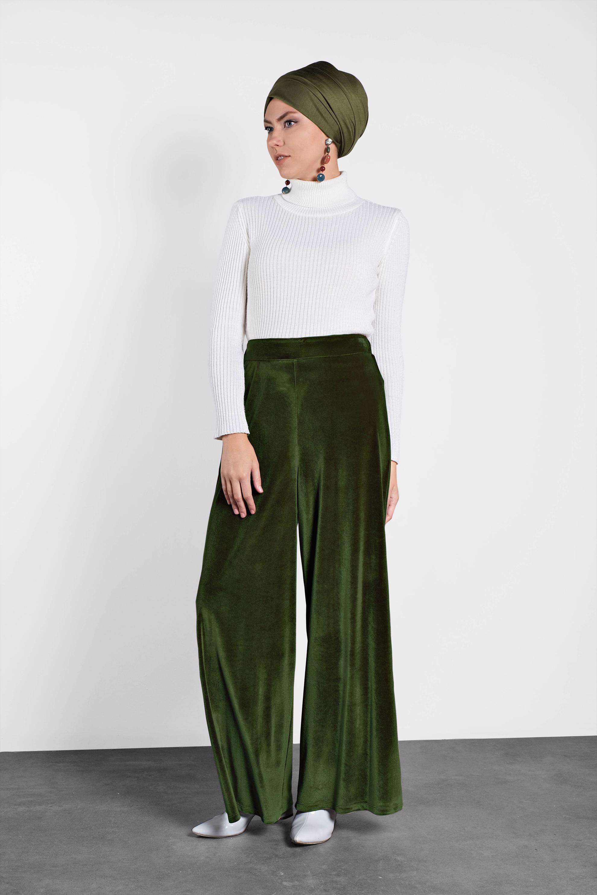 Tesettür giyim HAKİ BELİ LASTİKLİ KADİFE PANTOLON 7404 